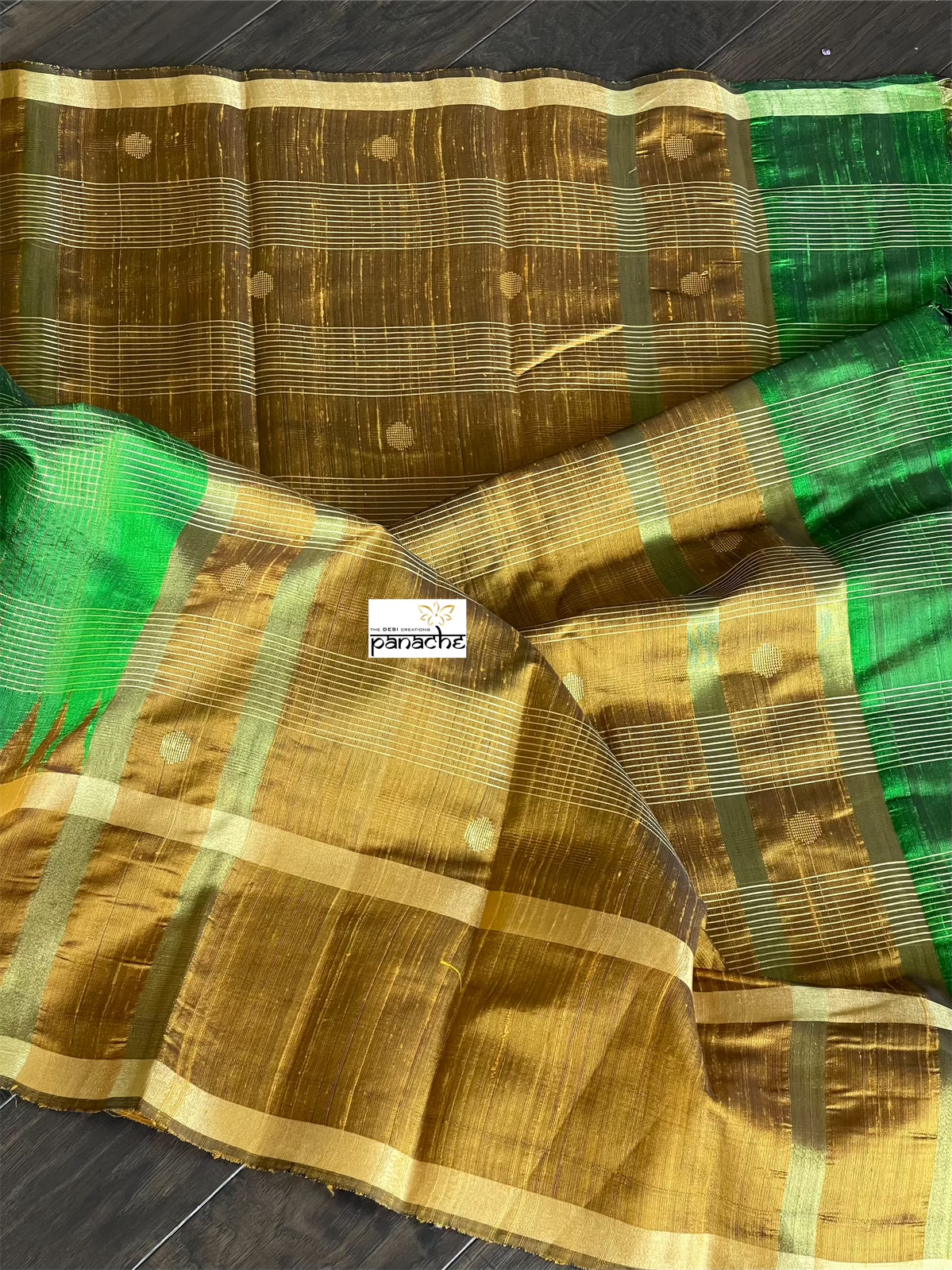 Pure Raw Silk - Green Ochre Brown Checkered