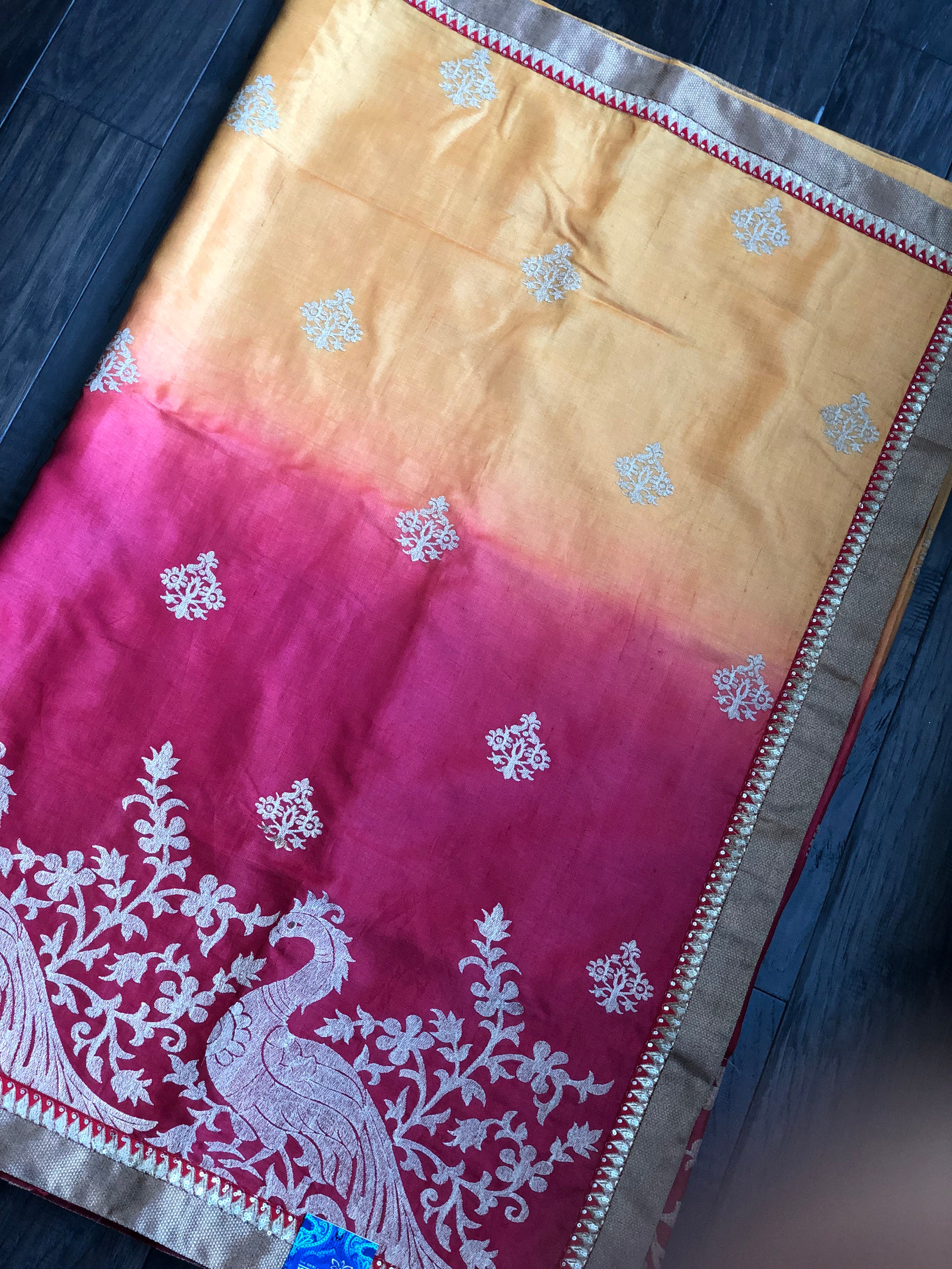 Designer Tussar Silk - Golden Yellow Raspberry Red