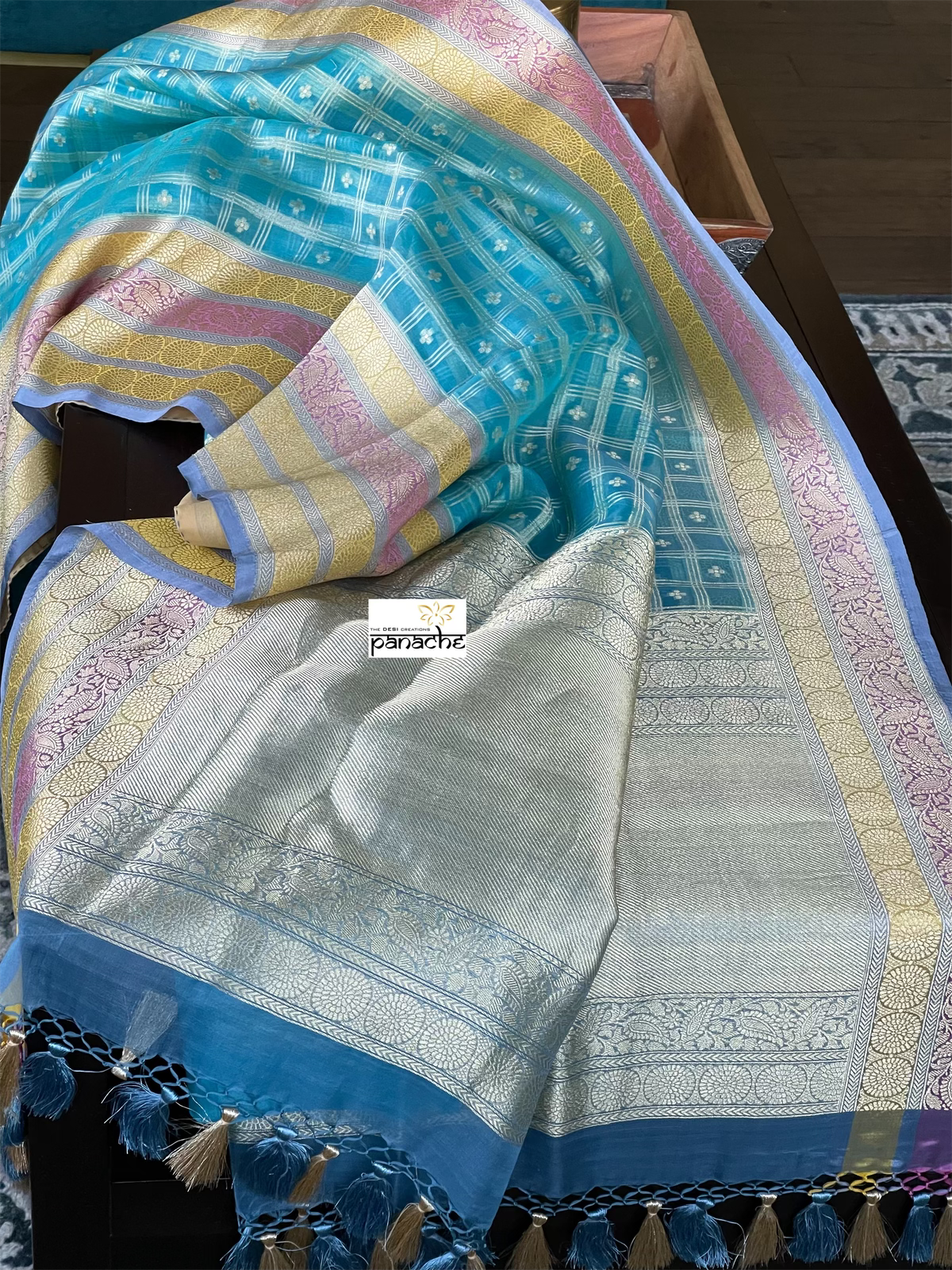 Organza Silk Banarasi - Blue Checkered