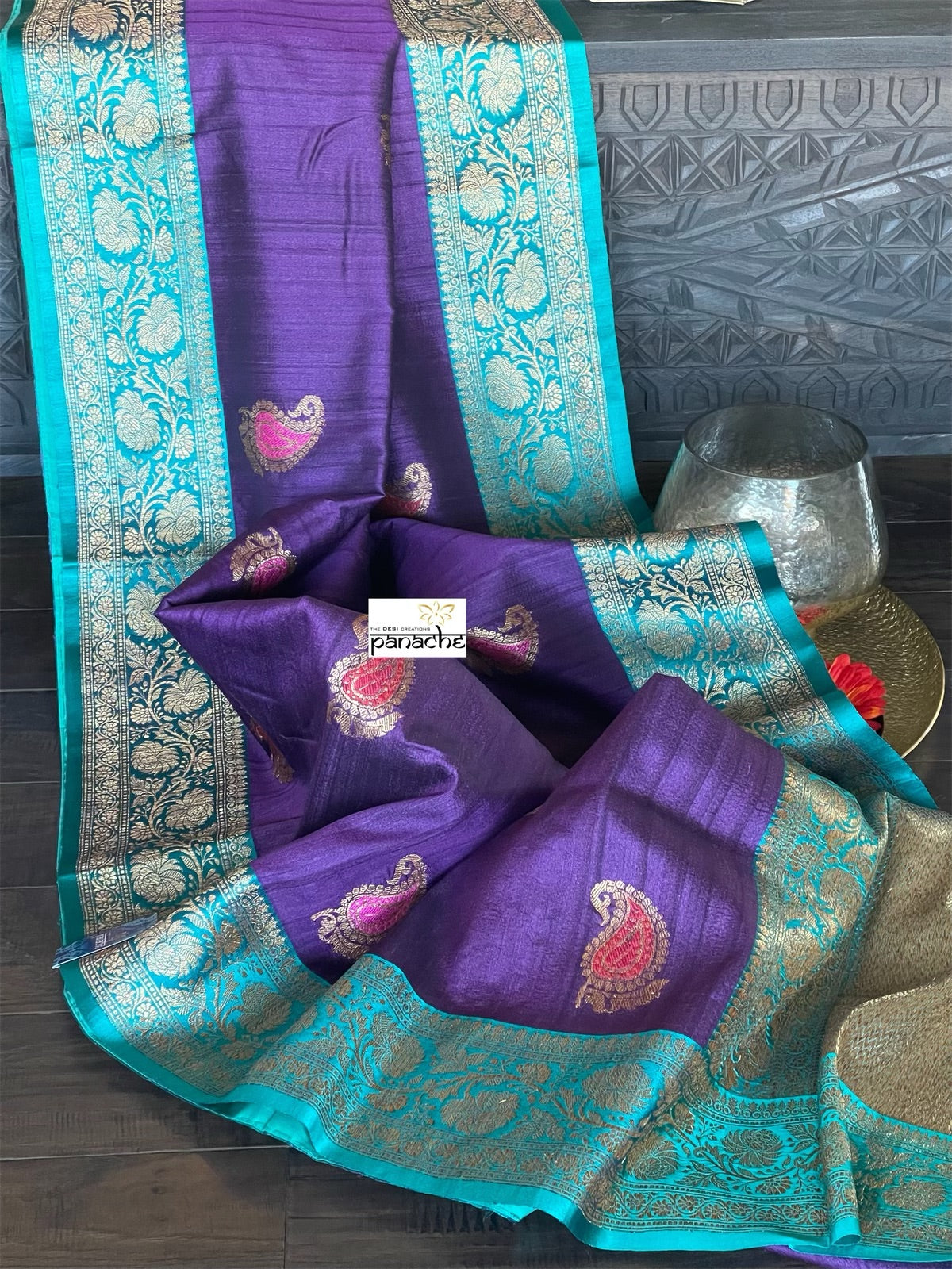 Tussar Silk Banarasi - Purple Firozi Meenakari