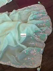 Designer Satin Organza - Mint Hand Embroidered