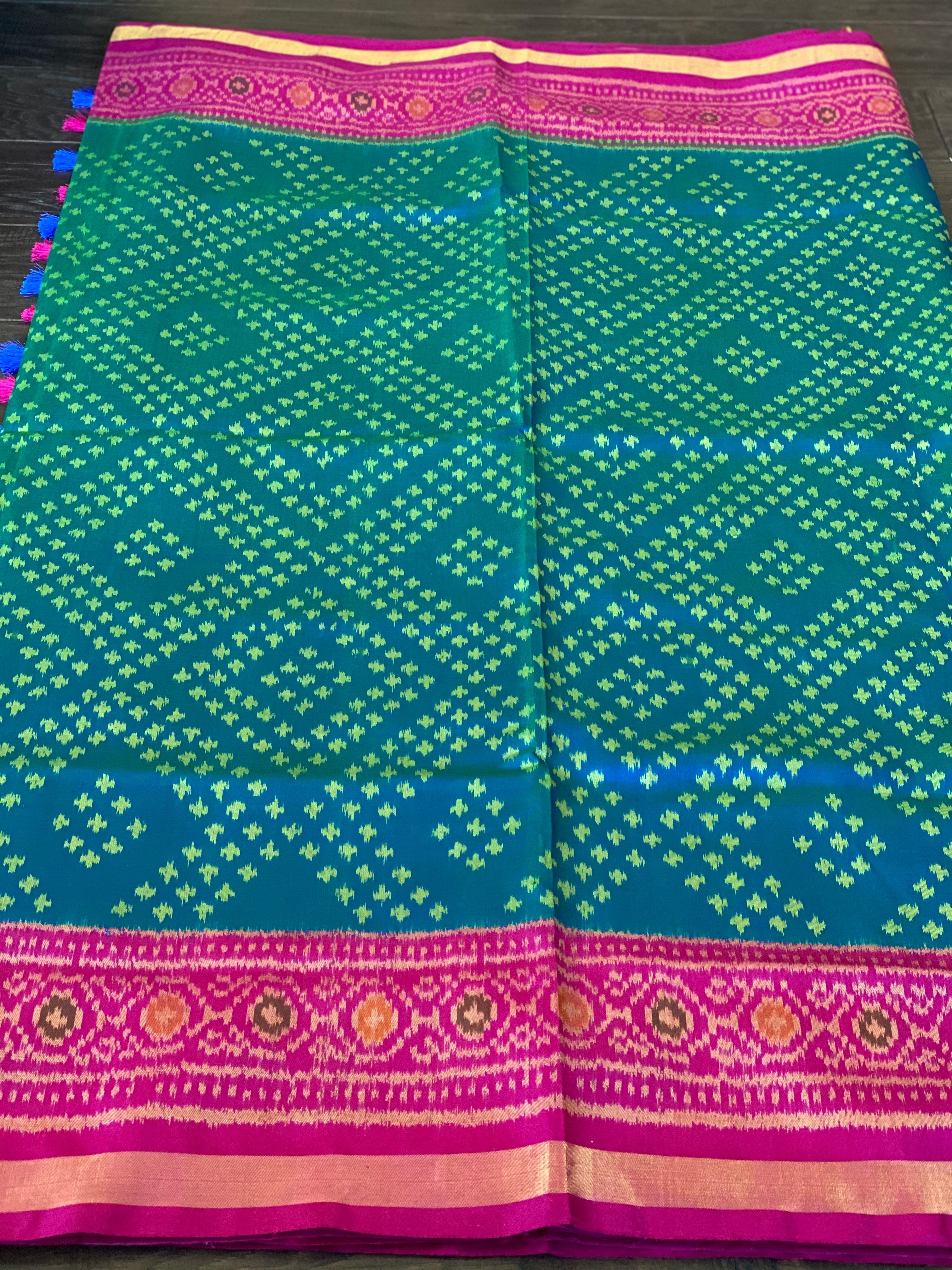 Pure Silk Ikat -  Firozi Sea Green Magenta