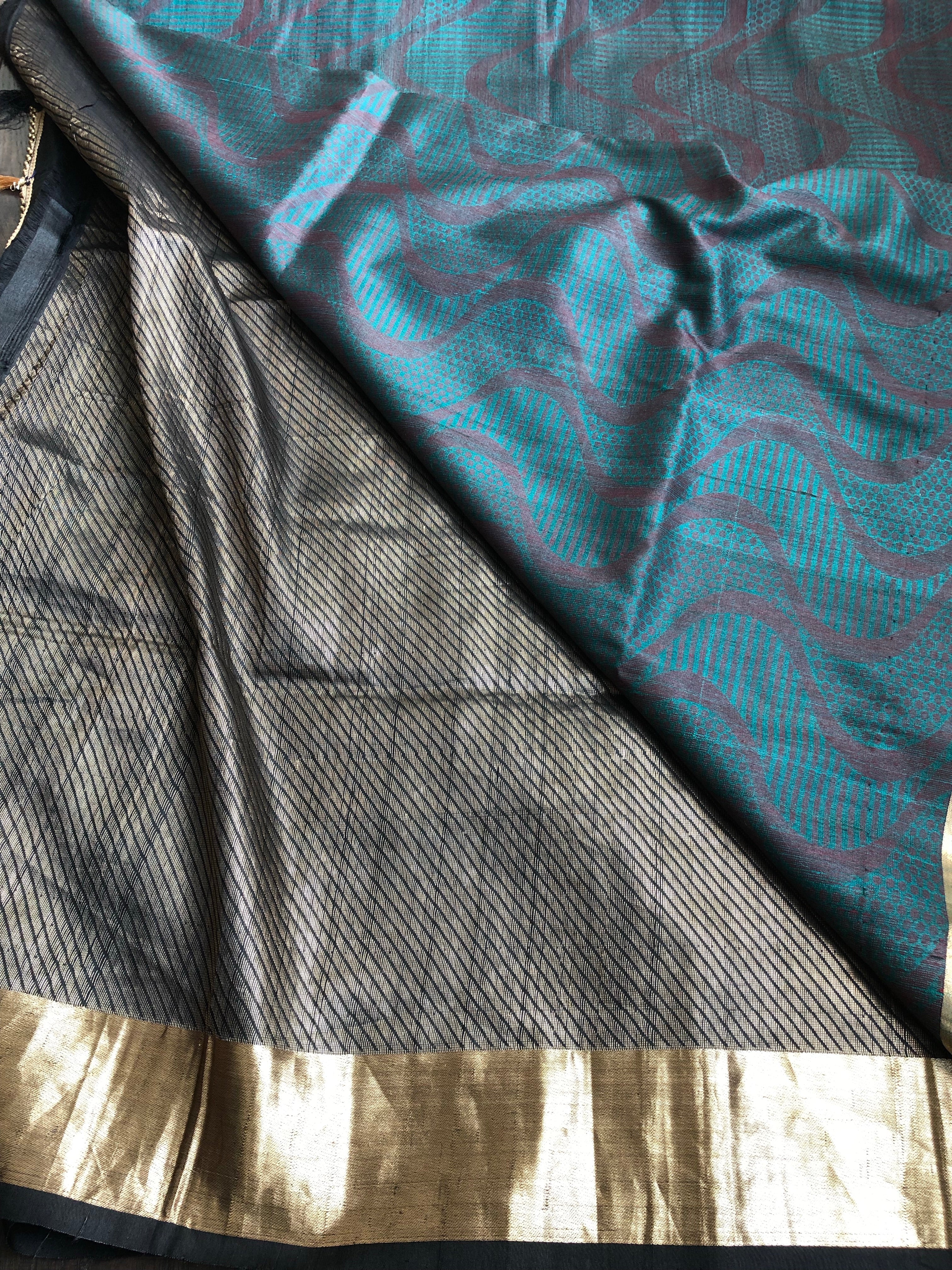 Tussar Silk Banarasi - Black Teal Woven