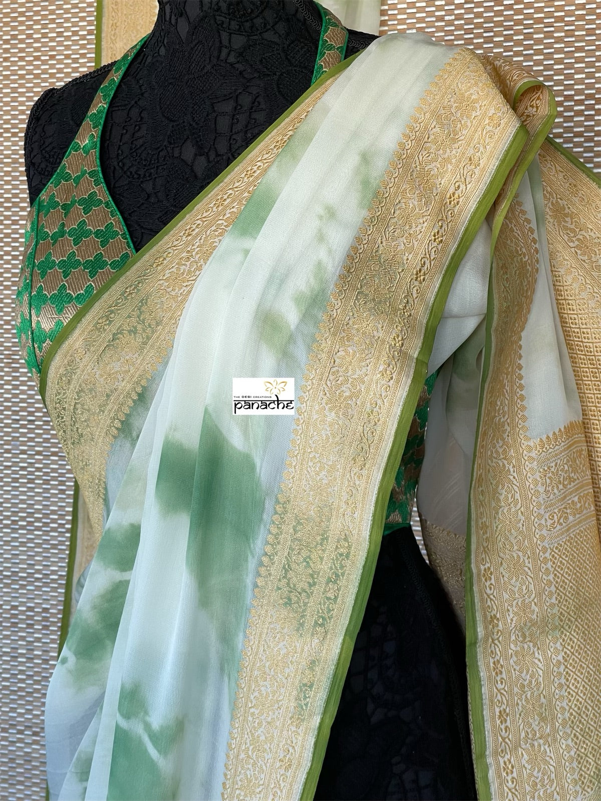 Khaddi Georgette Banarasi - Off-White Green Tie-dye Khadhua Woven
