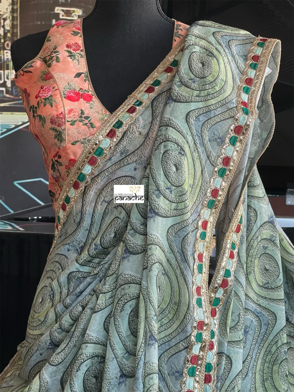 Designer Satin Maslin Silk - Grey Green Blue Black