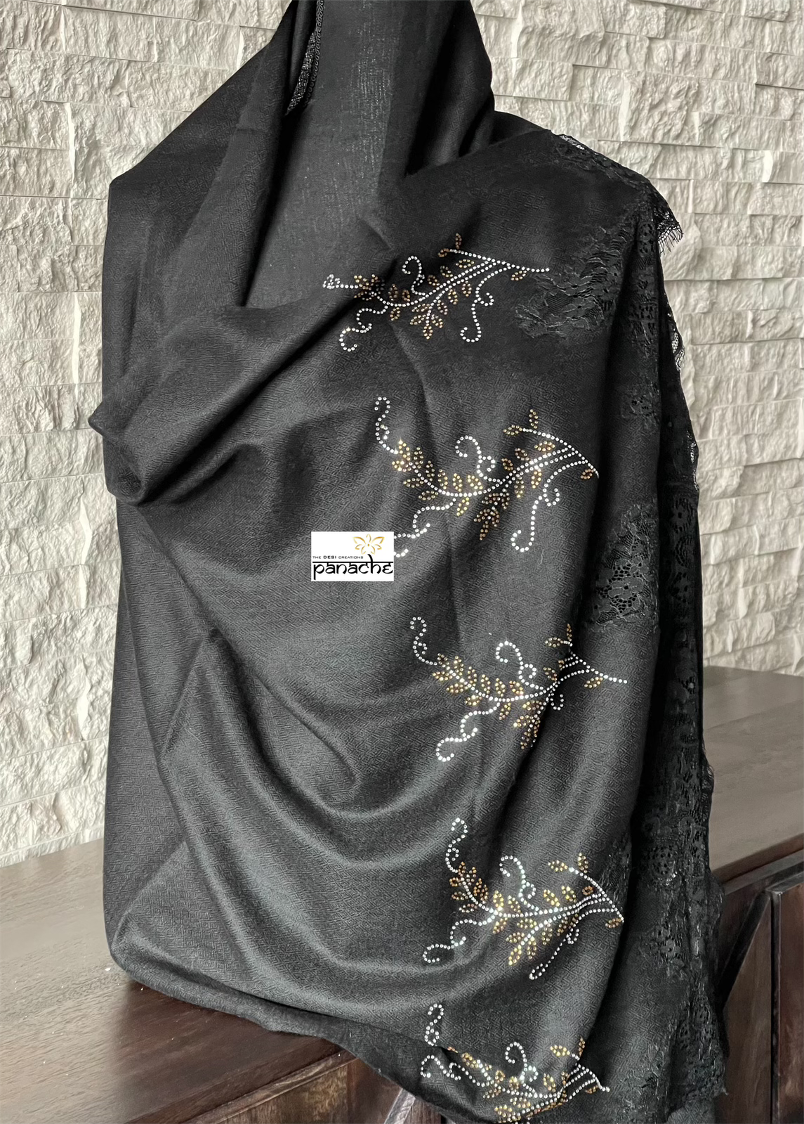 Kashmiri Stone Lace Stole - Black