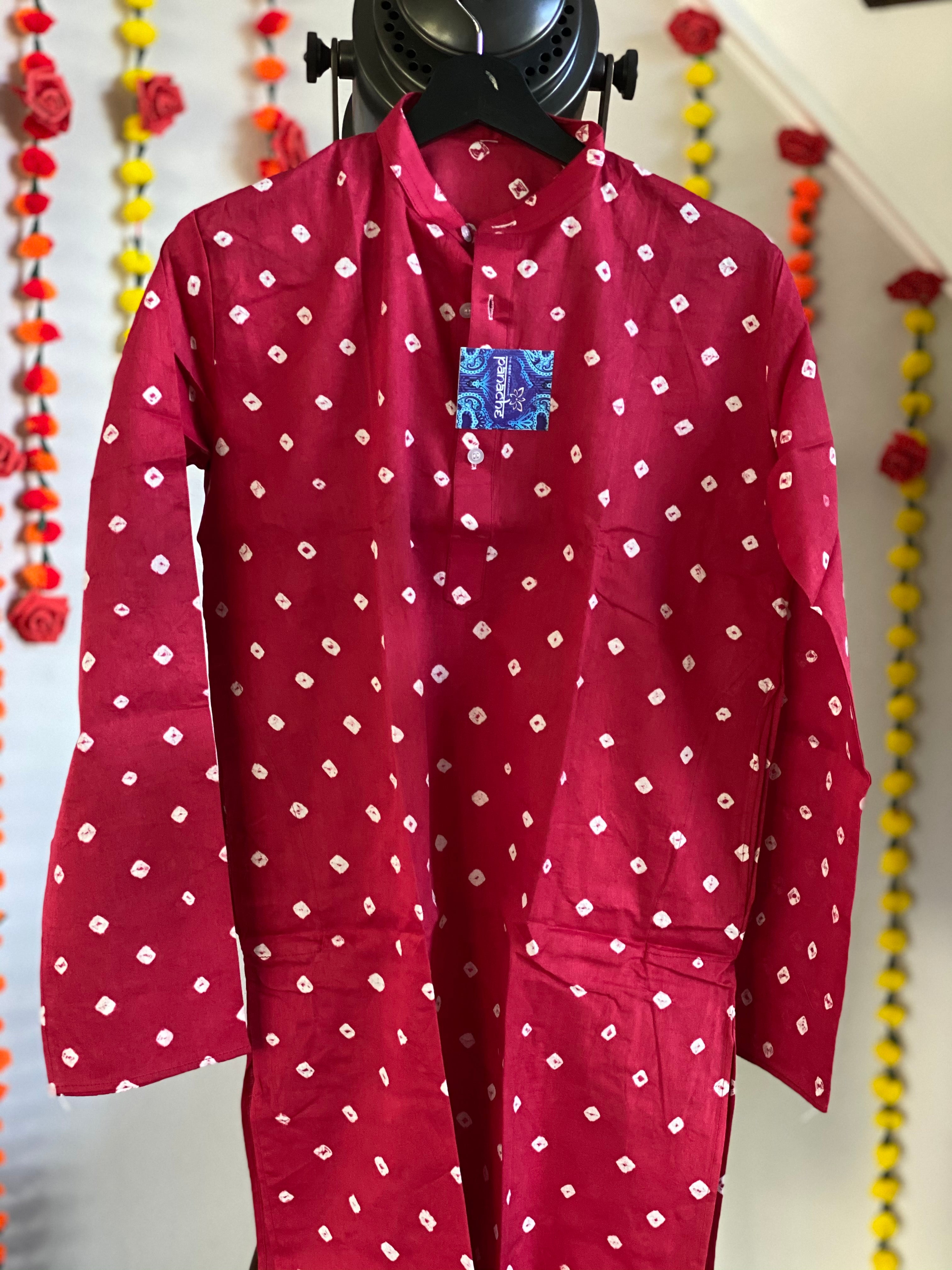Bandhej Kurta Men - Maroon Red 3XL-46 (52 inches)