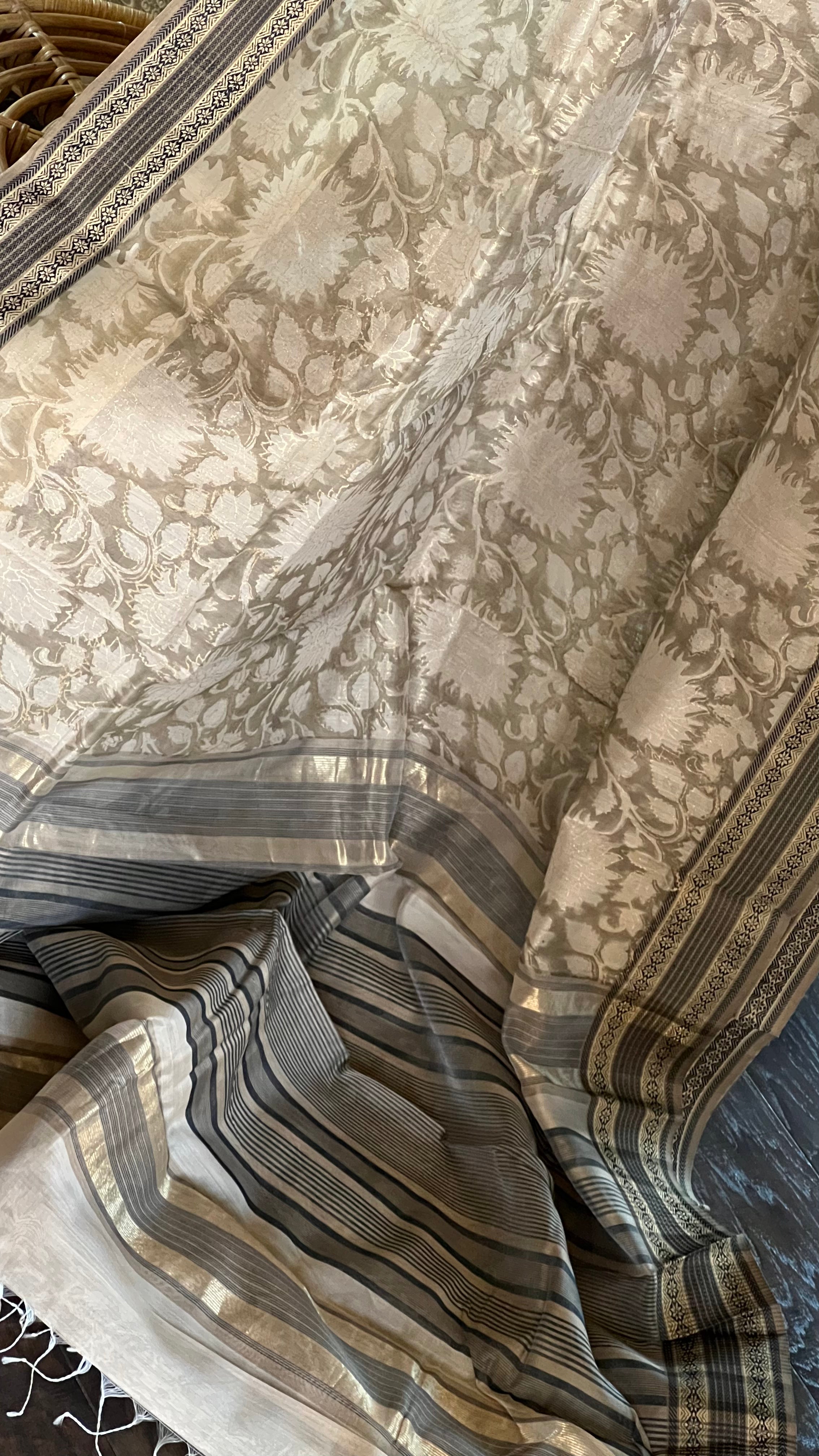 Maheshwari Cotton Silk Printed - Moss Grey Black
