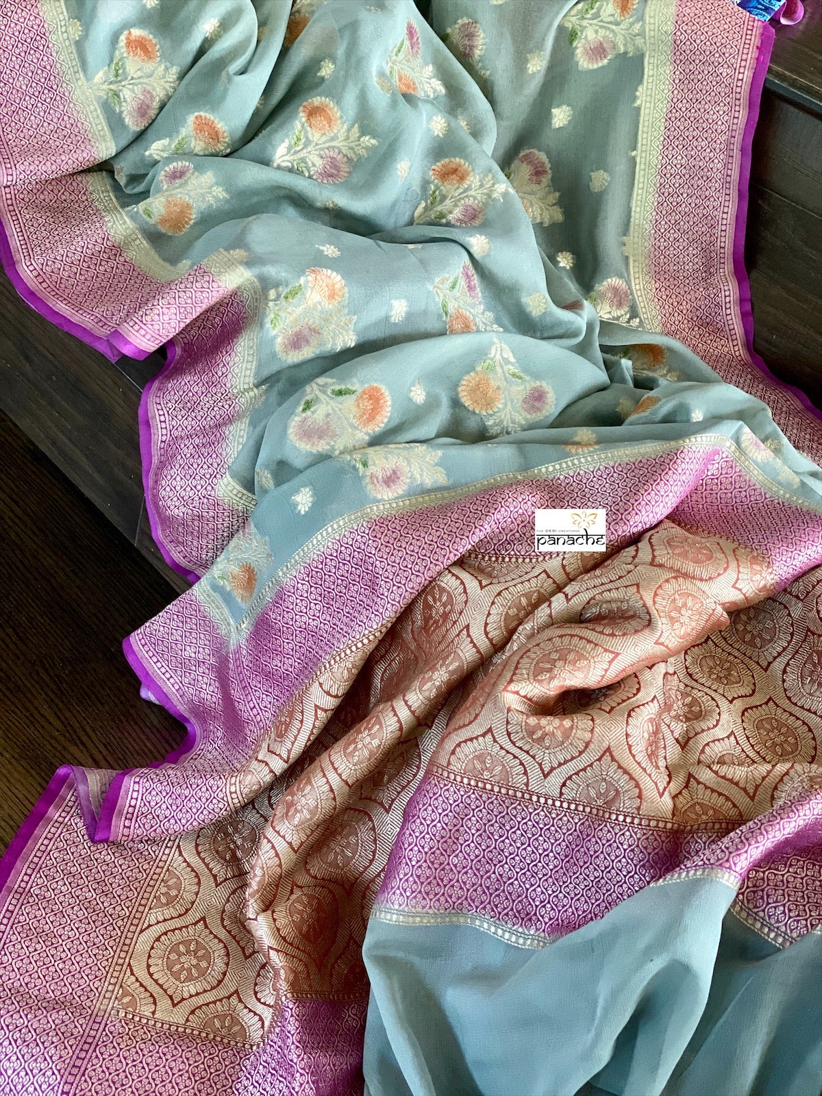 Khaddi Georgette Banarasi - Silver Grey Meenakari