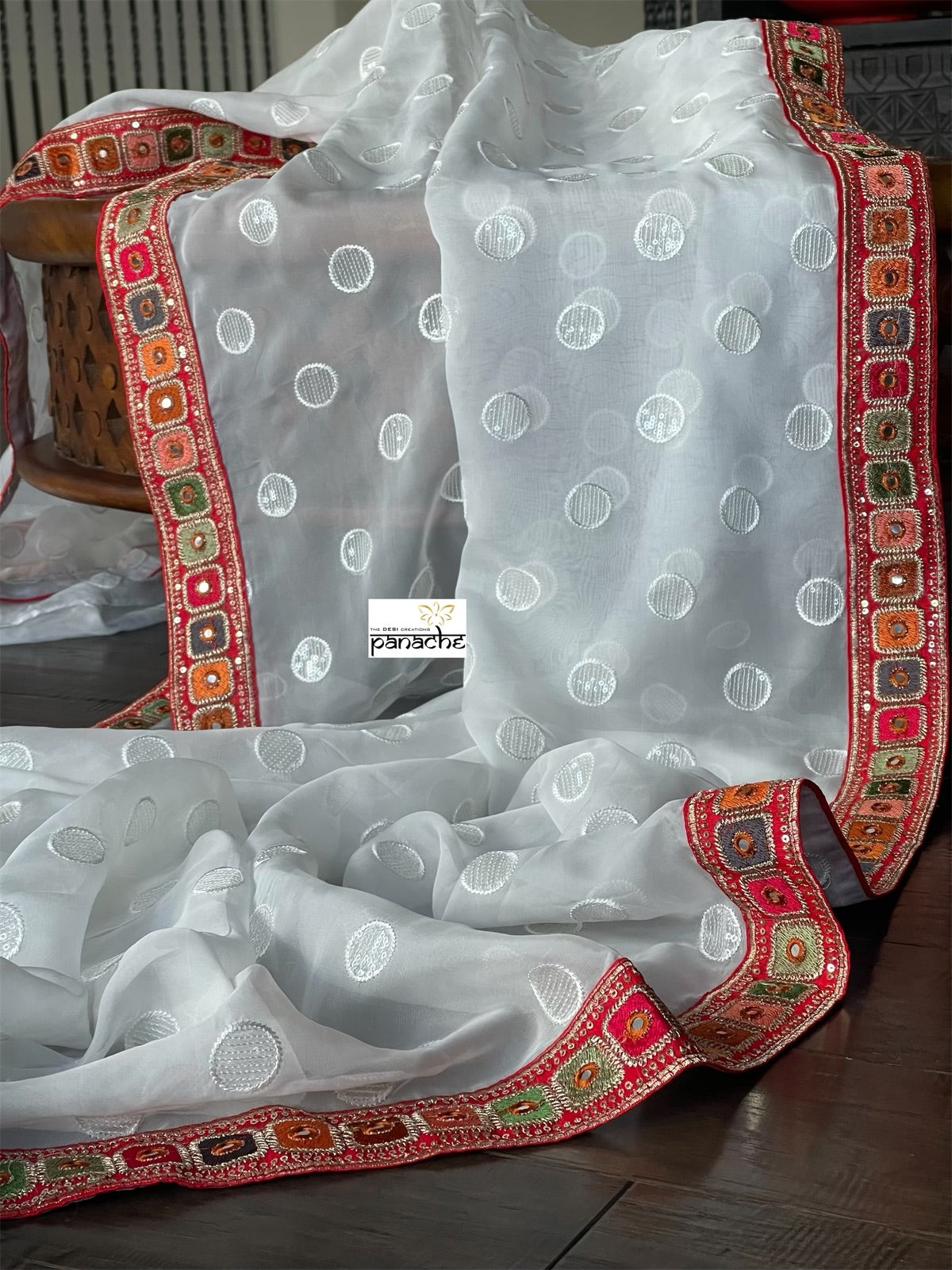 Designer Organza - White Red Sequin woven
