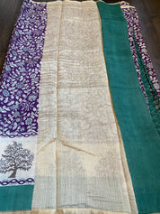 Kalamkari Printed Muga Silk - Purple Teal Embroidered