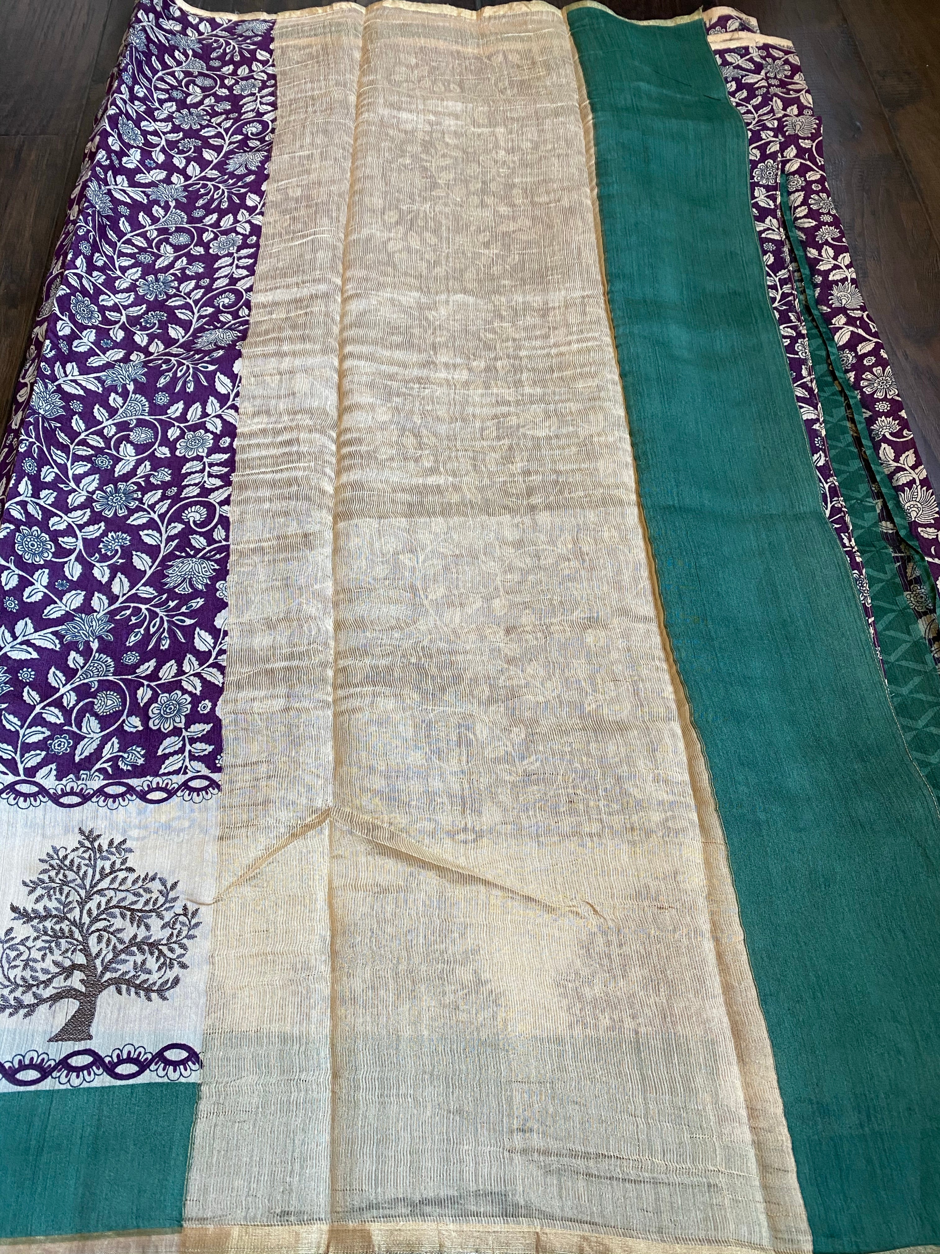 Kalamkari Printed Muga Silk - Purple Teal Embroidered