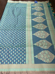 Silk Cotton Jamdaani Kora Banarasi - Blue Grey Resham Woven