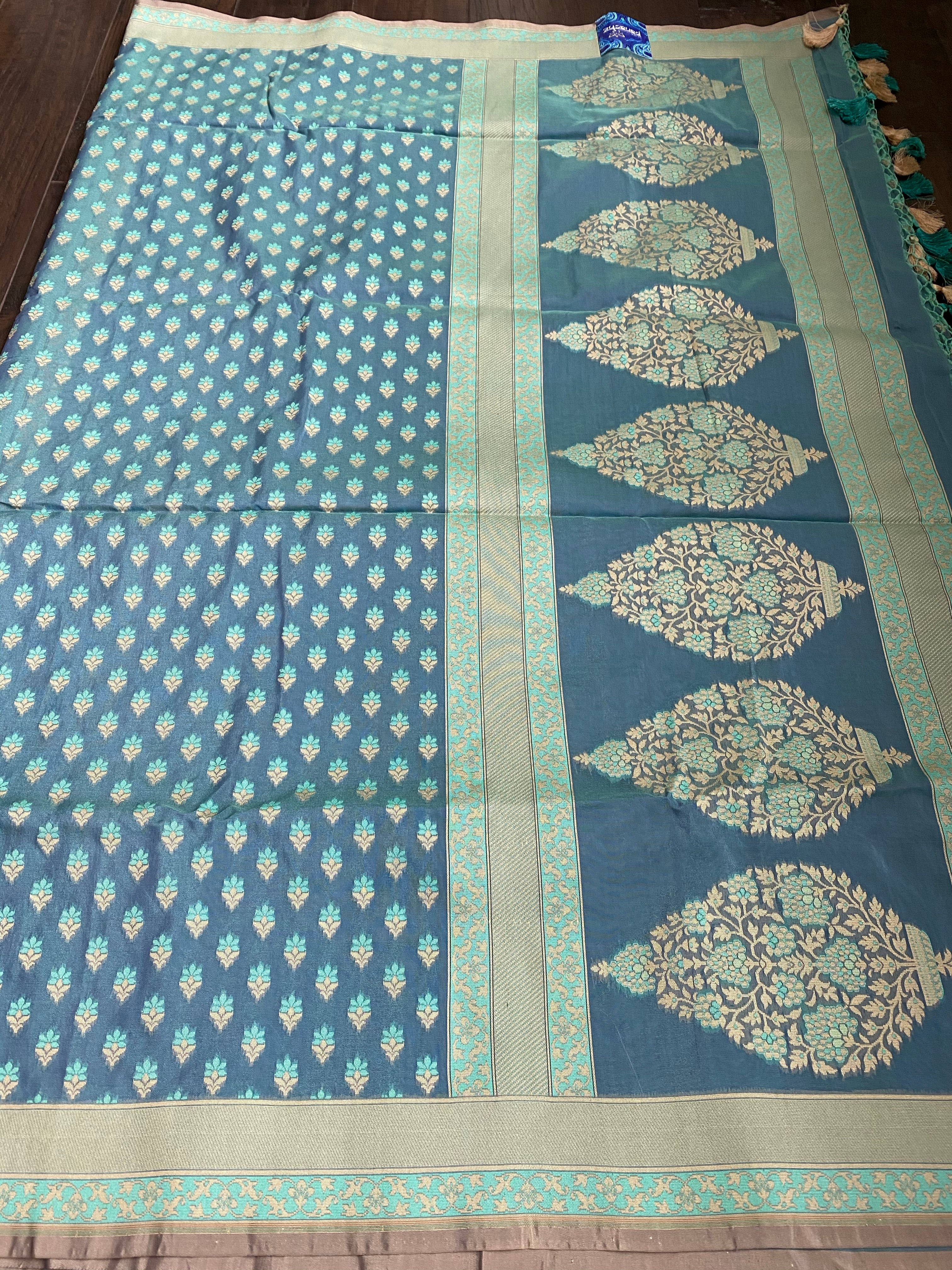Silk Cotton Jamdaani Kora Banarasi - Blue Grey Resham Woven