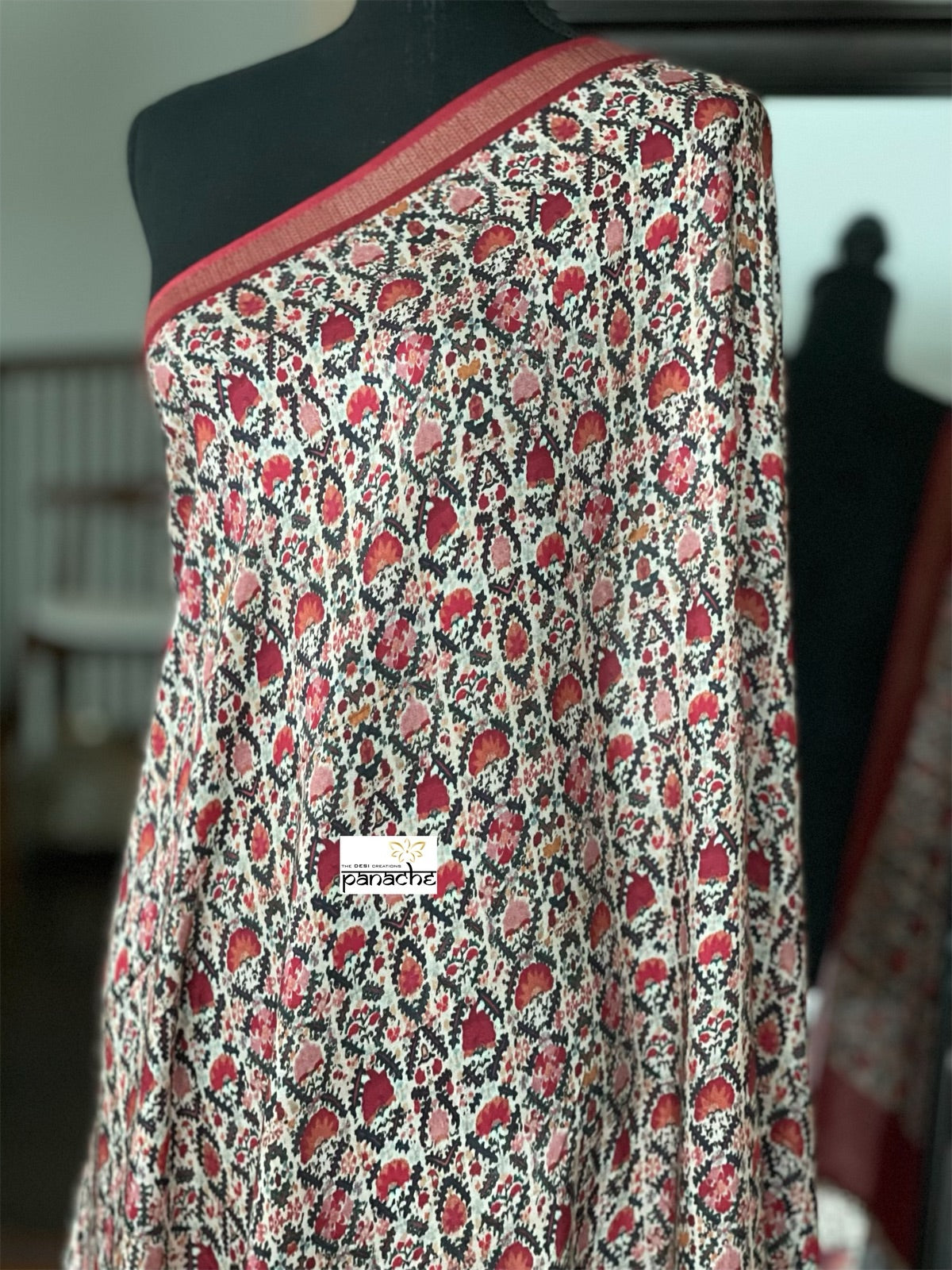 Designer Crepe Silk  - Offwhite Maroon