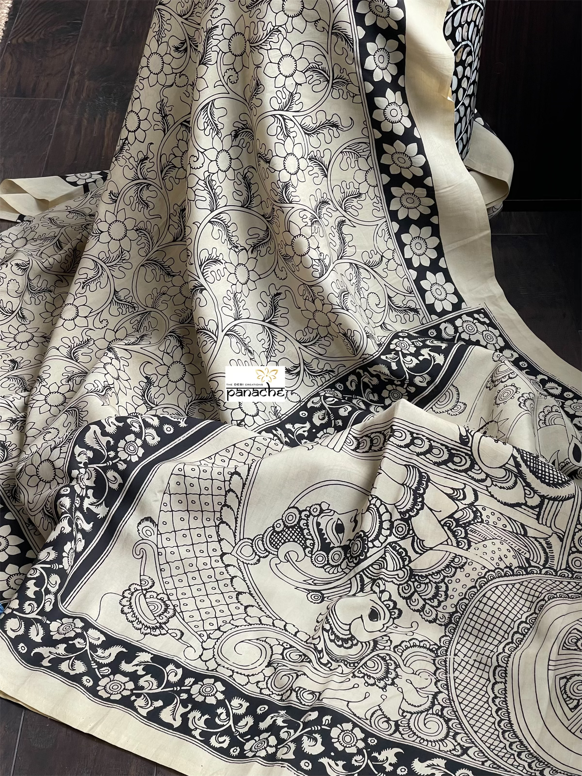 Nellore Silk Printed Kalamkari  - Cream Black