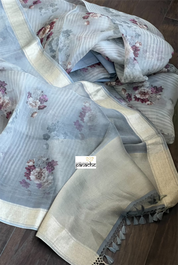 Banarasi Organza Floral - Grey Antique Golden Zari