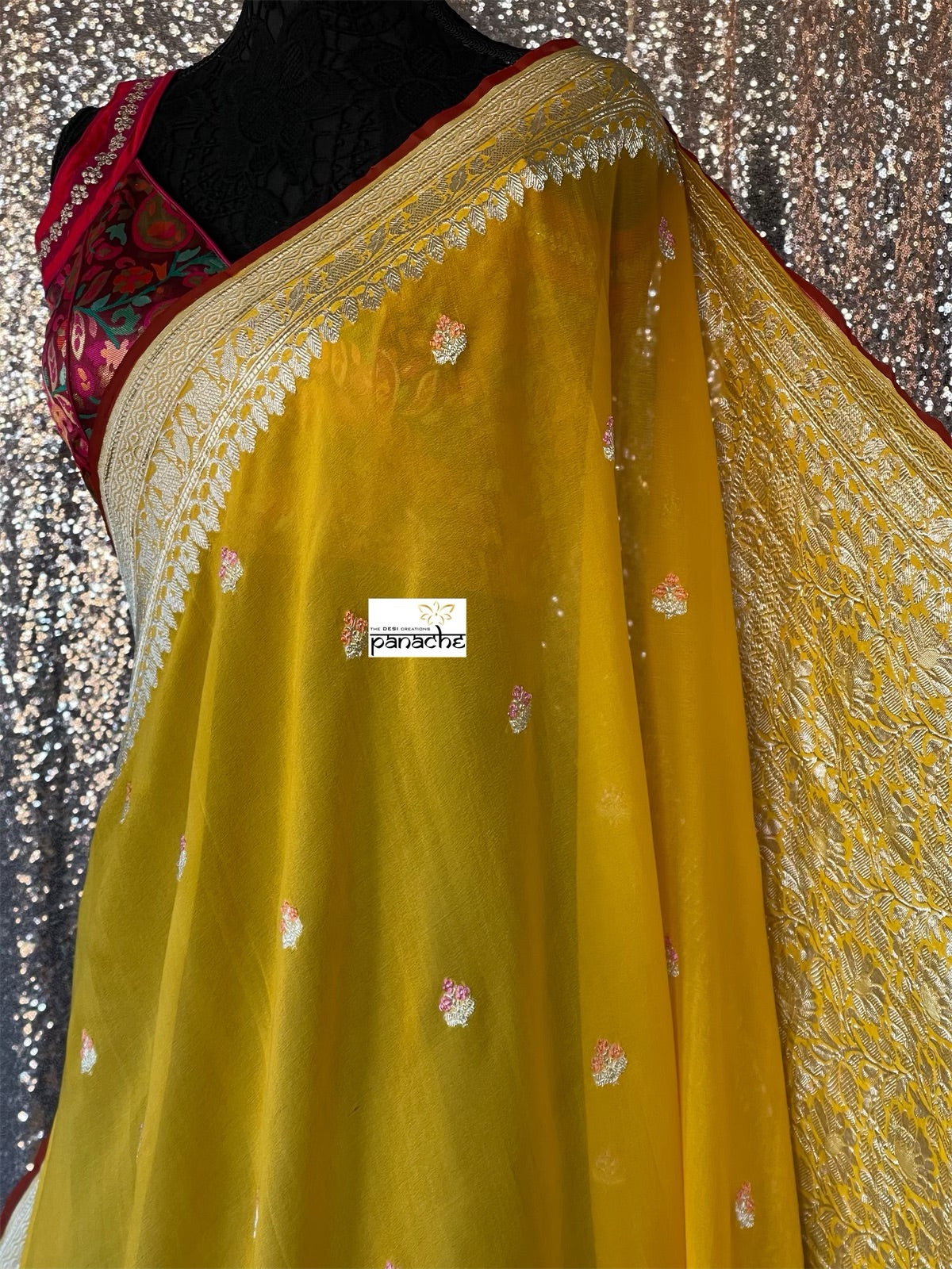 Khaddi Georgette Banarasi - Yellow Red Khadhua Woven