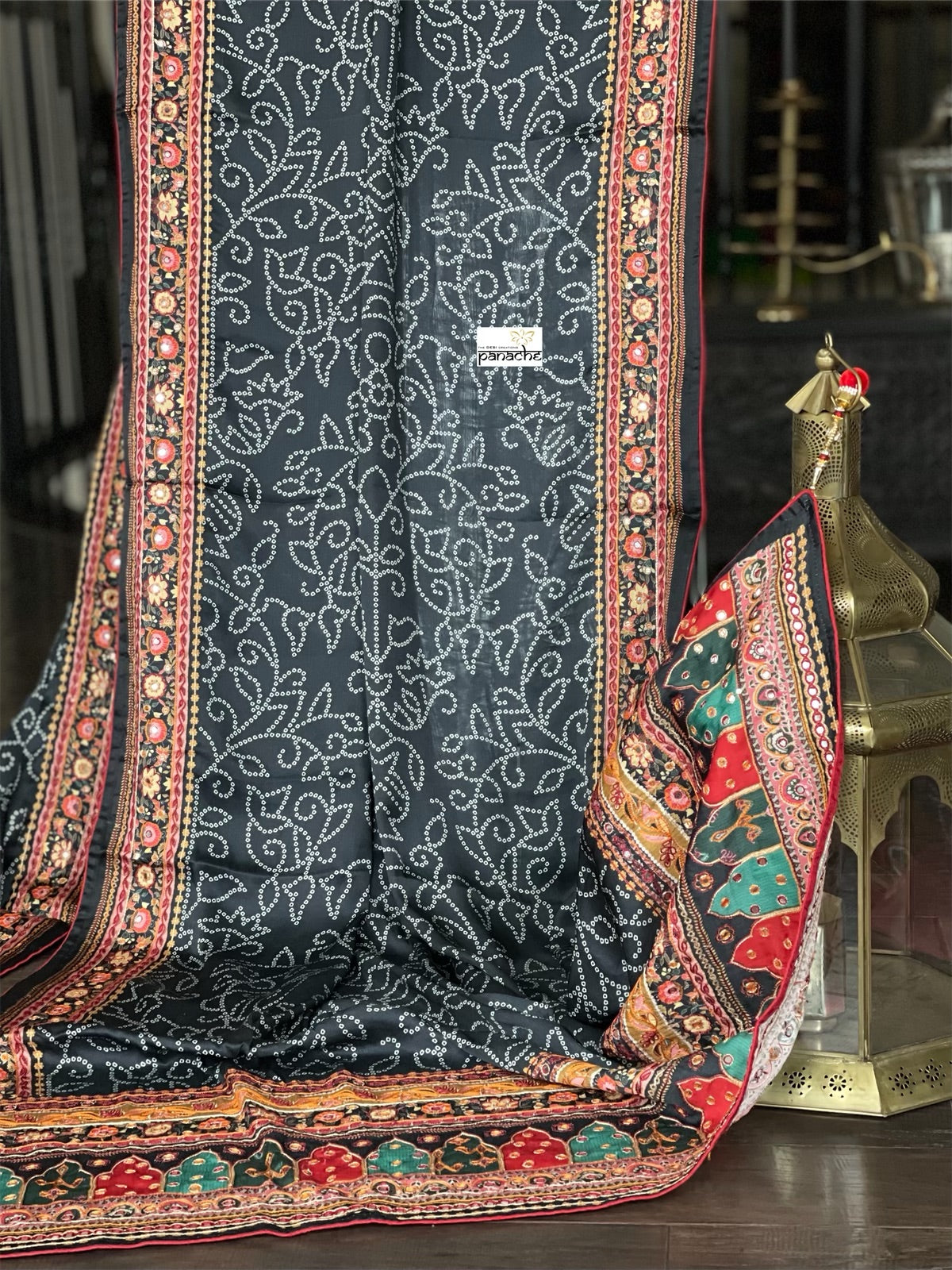 Satin Maslin Designer Inspired Drape - Black Bandhej Printed