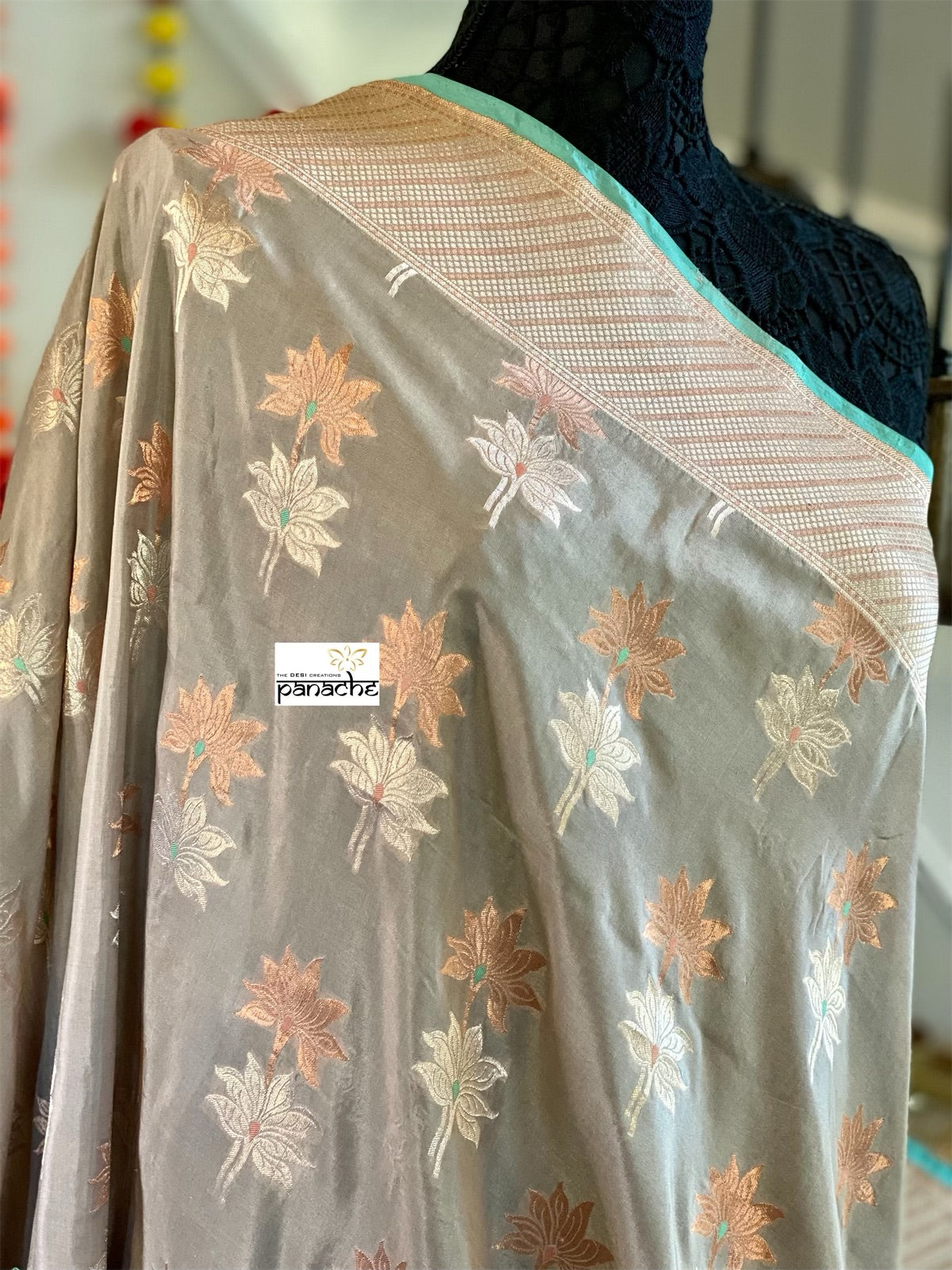 Pure Katan Silk Banarasi - Grey Kadhwa woven