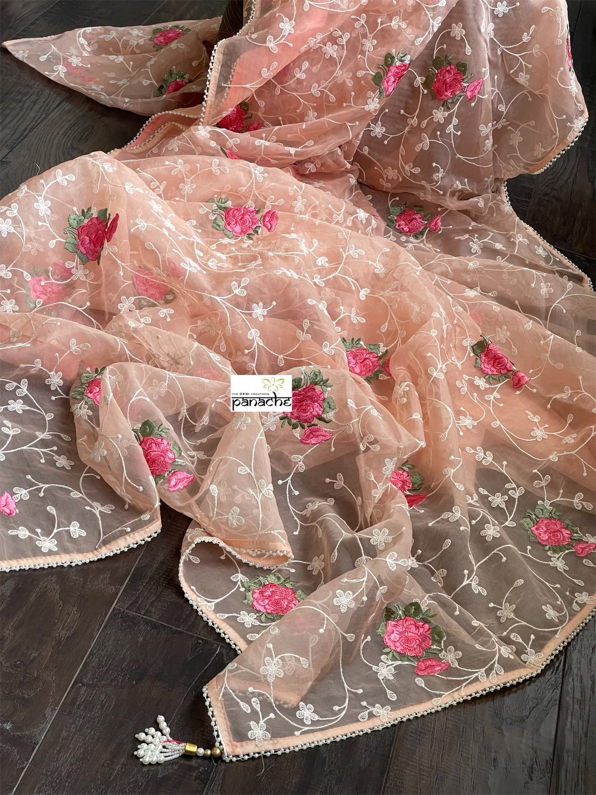 Designer Organza Floral - Peach Embroidered