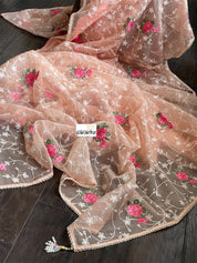 Designer Organza Floral - Peach Embroidered