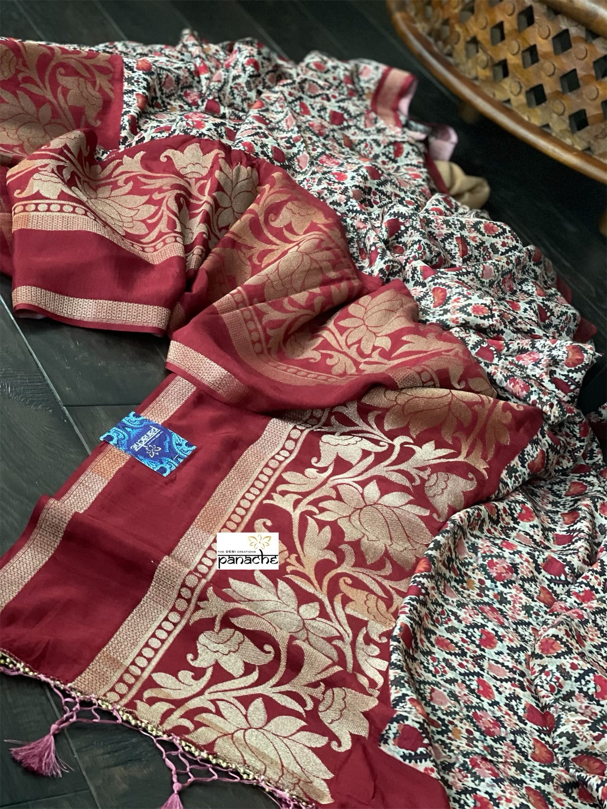 Designer Crepe Silk  - Offwhite Maroon