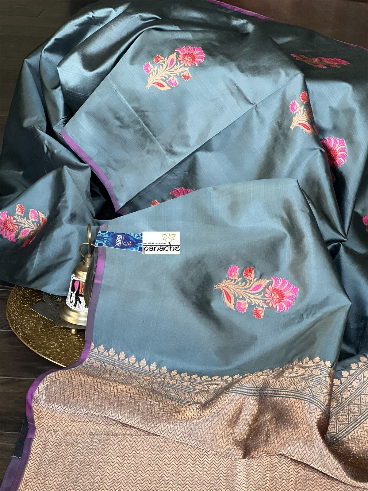 Pure Katan Silk Banarasi - Bluish Grey Purple