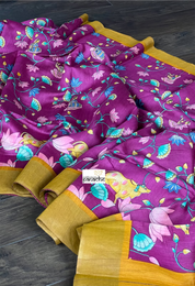 Muga Silk Pichwai Printed - Purple Ochre Yellow