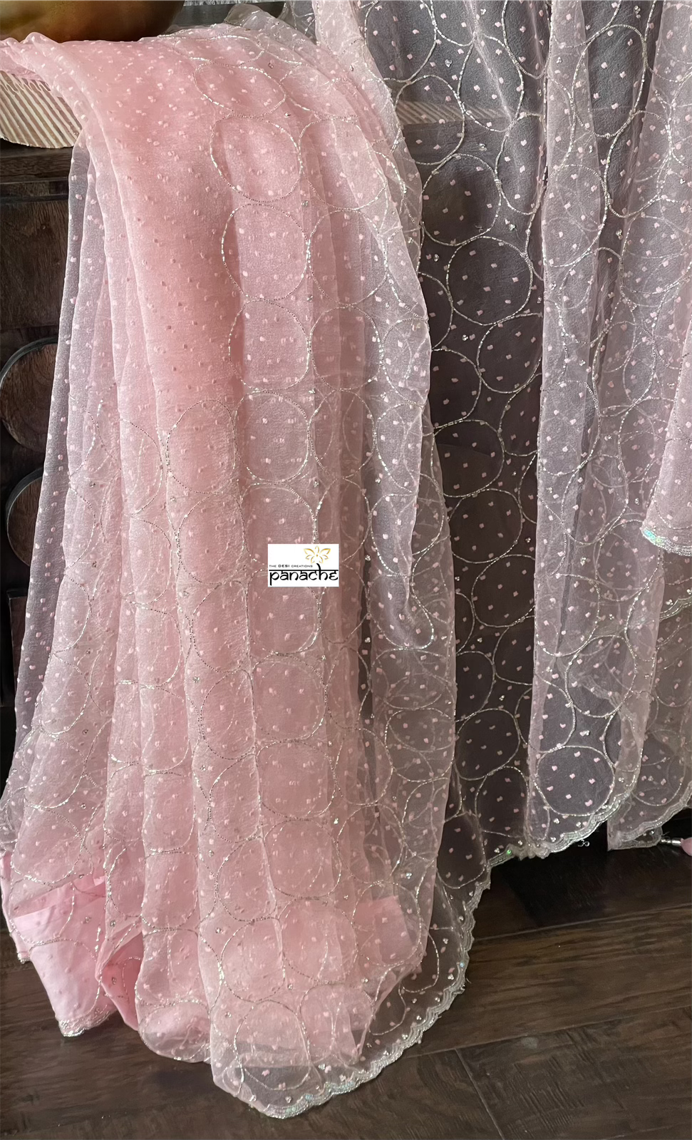 Designer Organza -  Pink Hand Embroidered