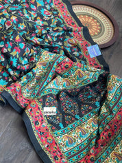 Pashmina Silk Printed - Black Firozi Floral