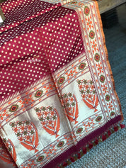 Silk Banarasi - Red Rusty Orange Paithani border