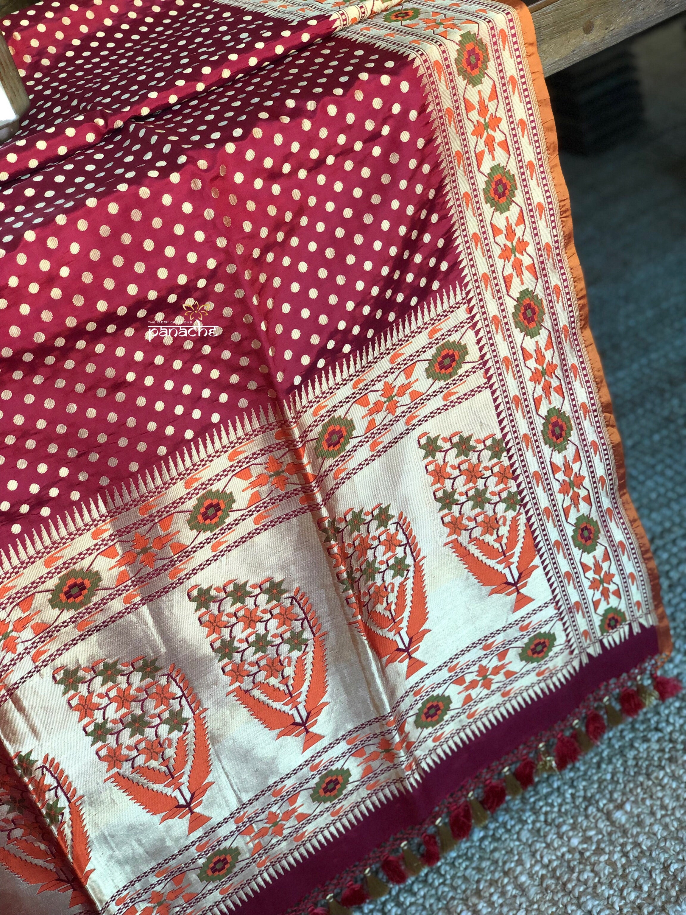 Silk Banarasi - Red Rusty Orange Paithani border