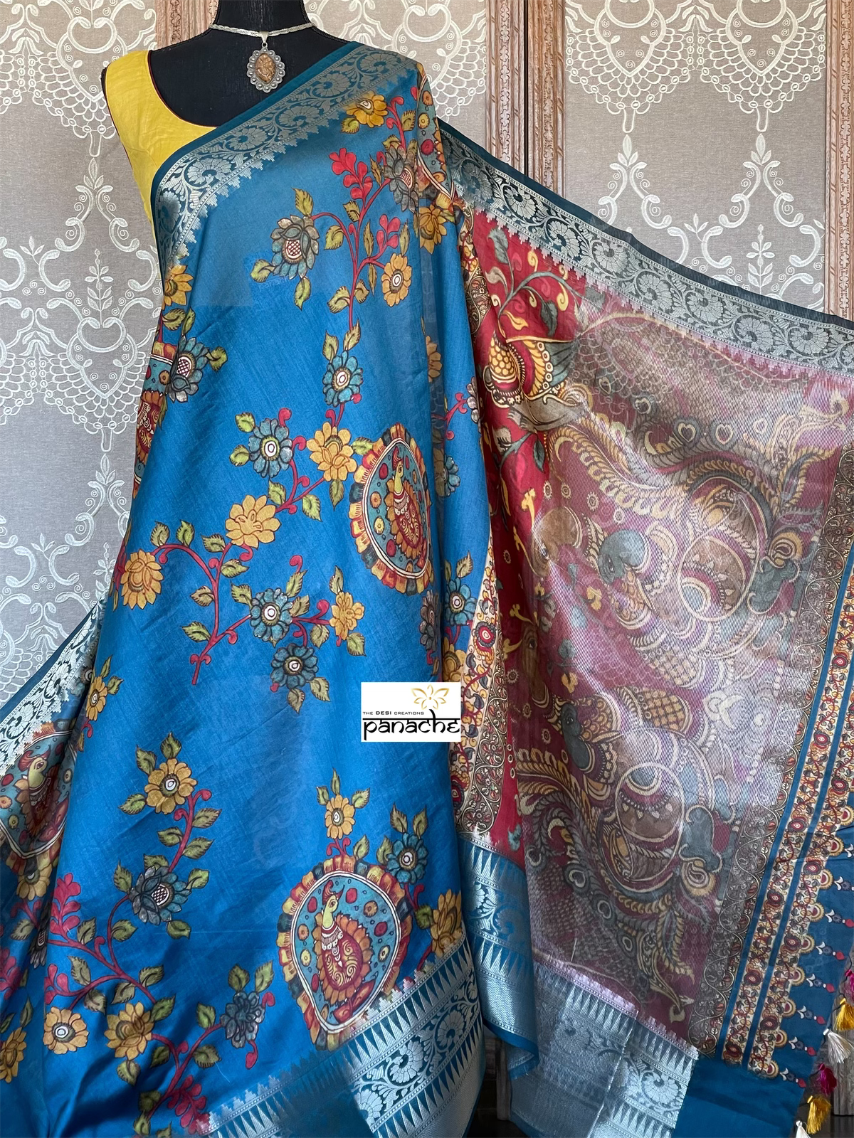 Chiniya Silk Banarasi - Blue Kalamkari Printed