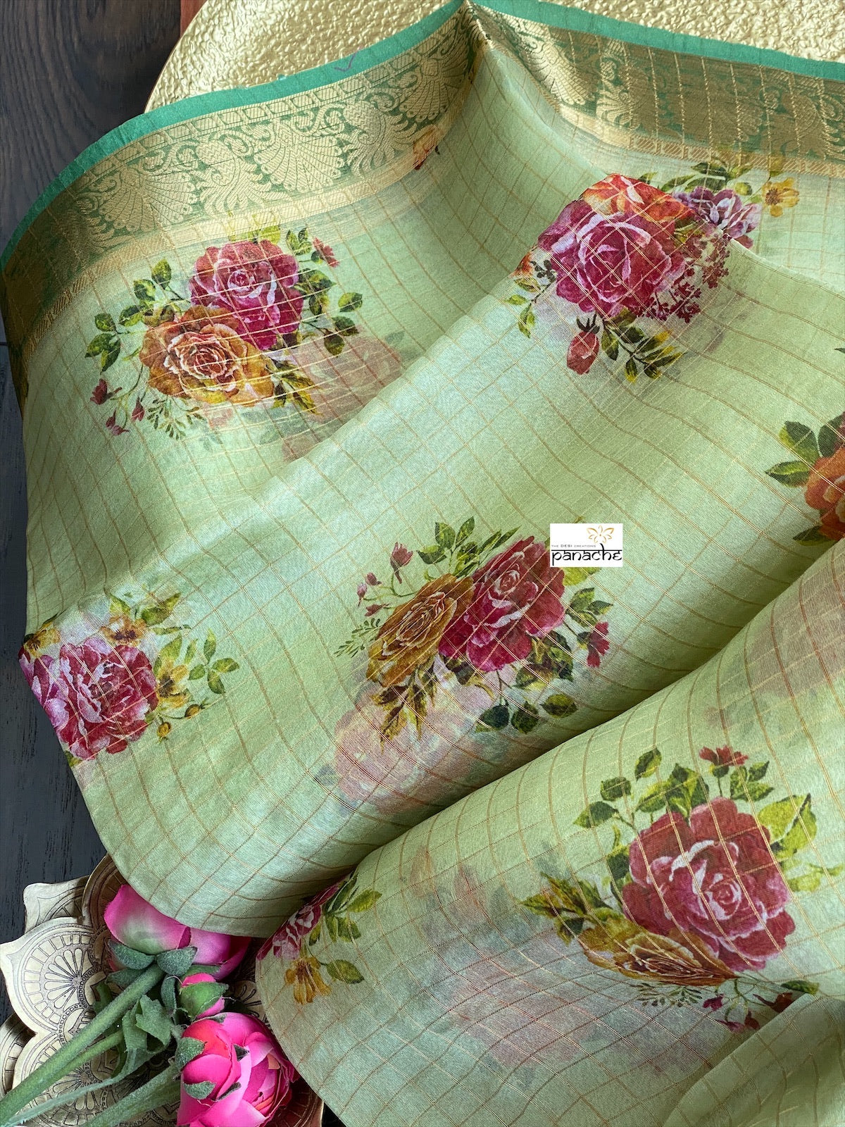 Banarasi Organza Floral - Lime-green Golden Zari Checks
