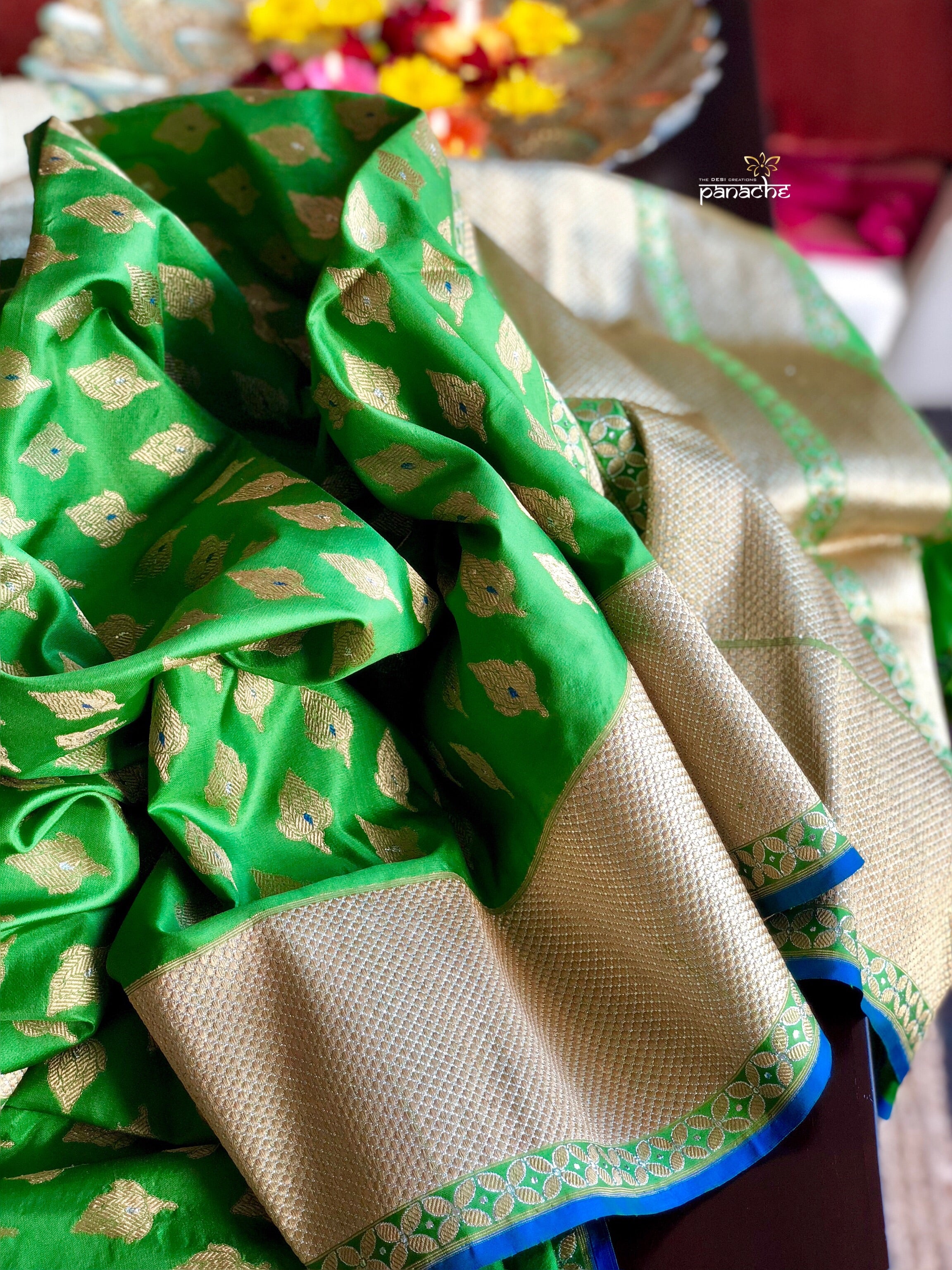 Silk Banarasi - Green Silver Golden Zari