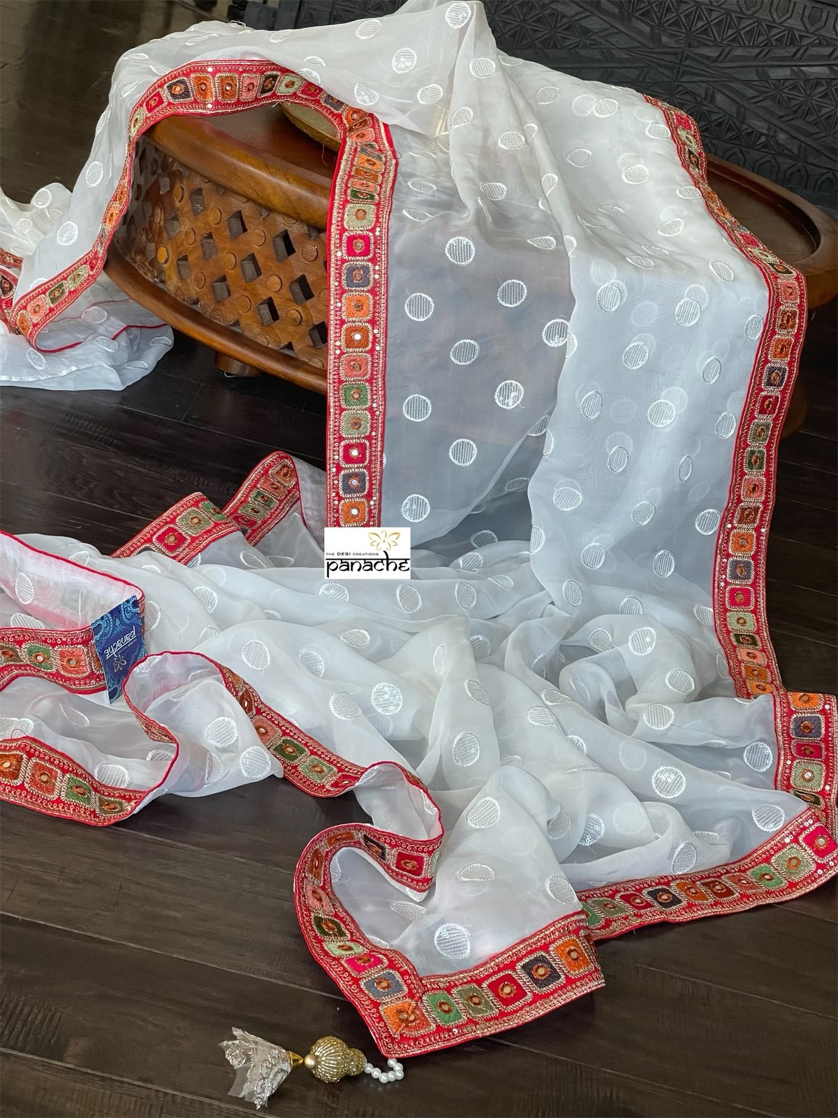Designer Organza - White Red Sequin woven