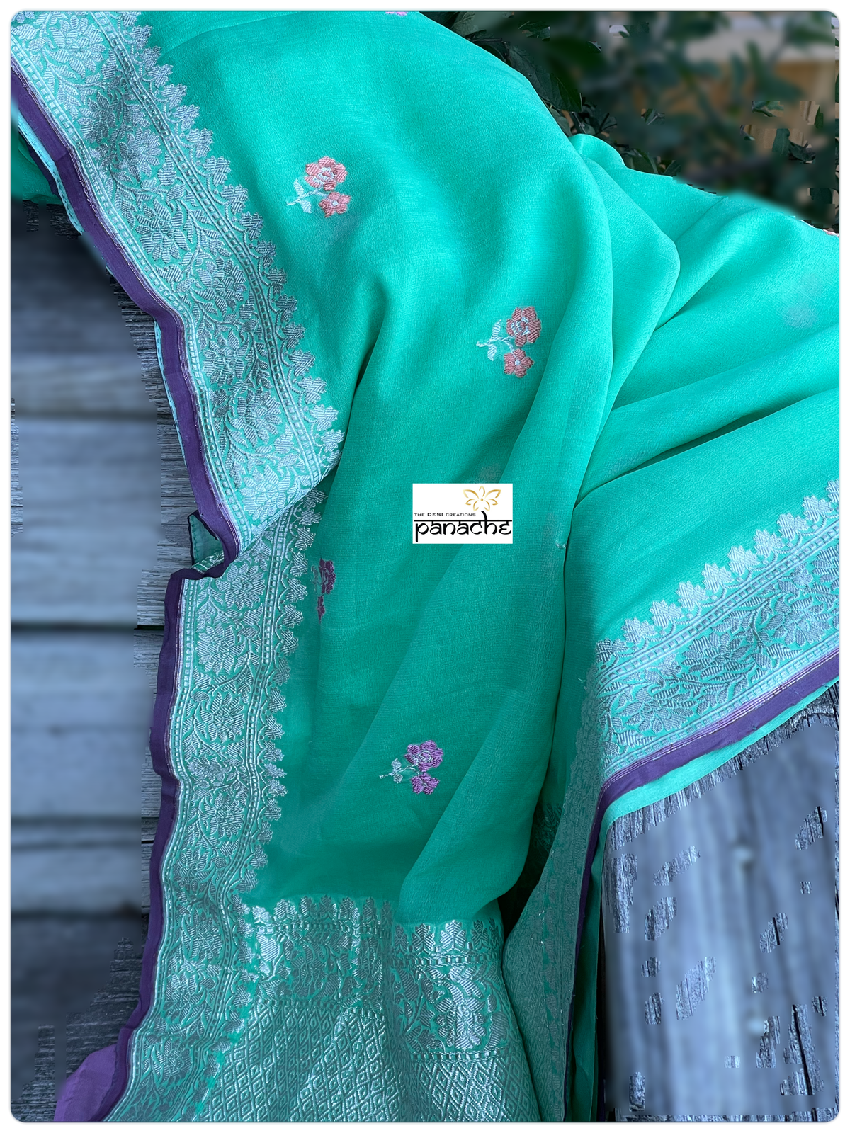 Khaddi Georgette Banarasi - Green Purple Khadhua Woven