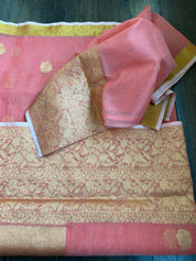Linen Silk Banarsi - Peach Golden Zari