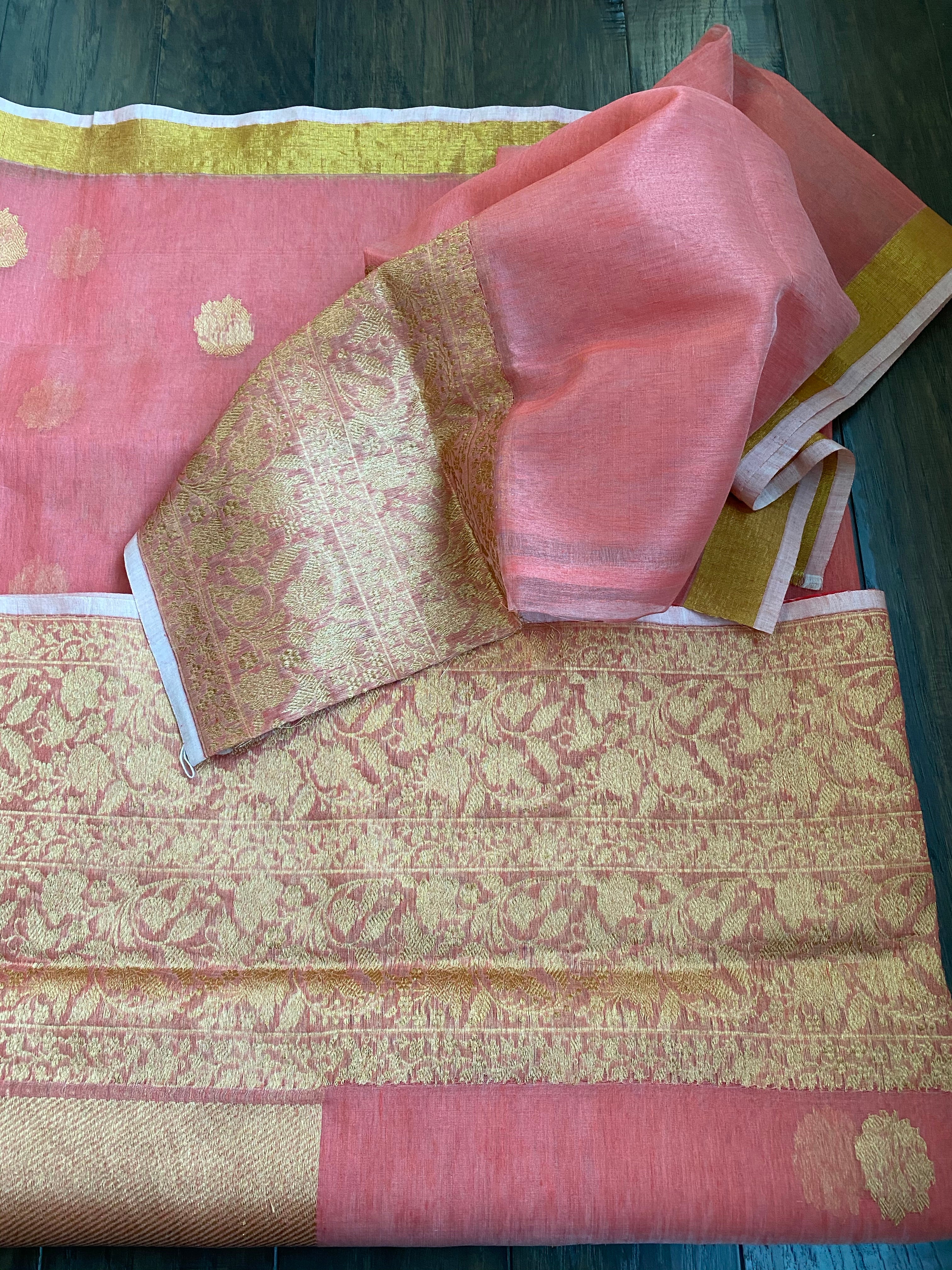 Linen Silk Banarsi - Peach Golden Zari