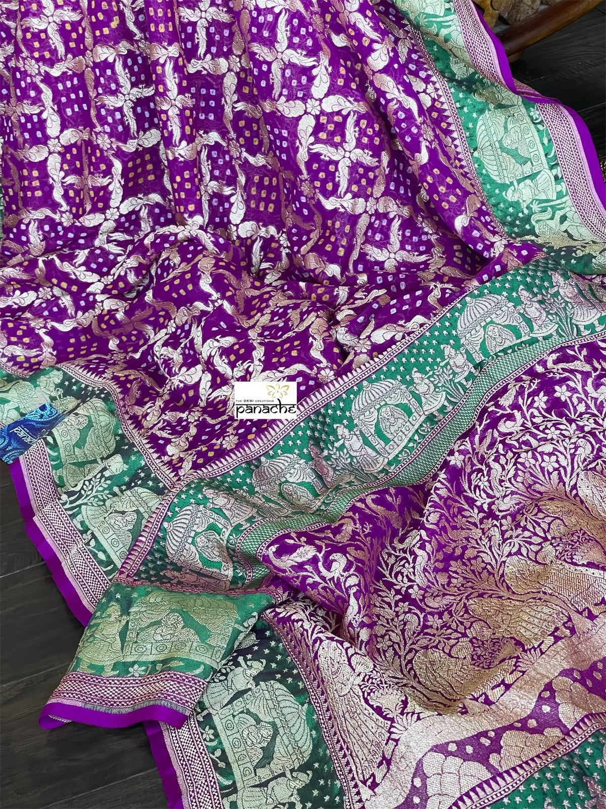 Bandhej Khaddi Georgette Banarasi - Purple Green