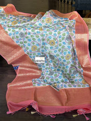 Pure Cotton Silk Kalamkari Banarasi- Off White Peach