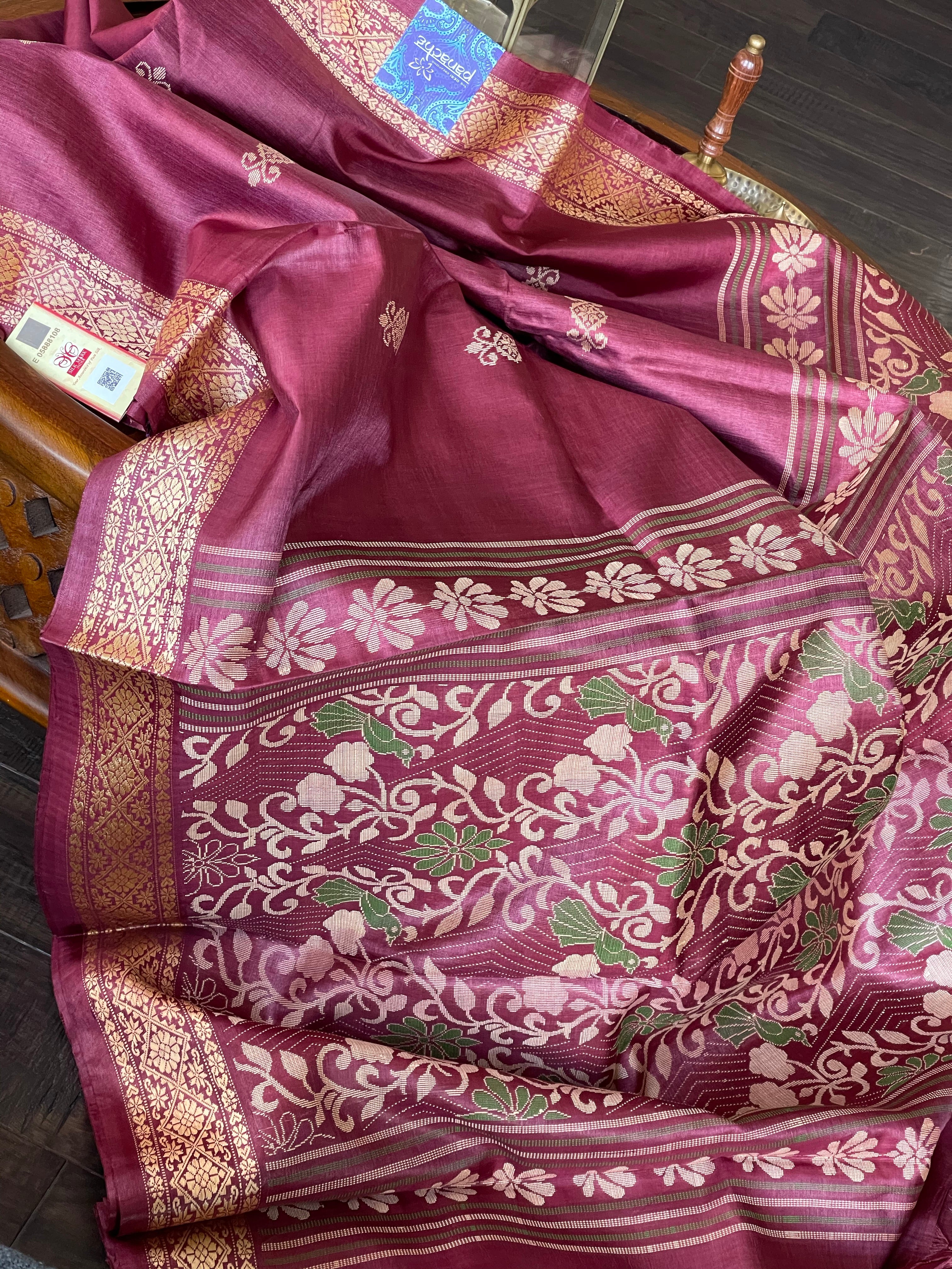 Pure Tussar Silk Woven - Pink Maroon