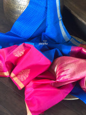 Pure Silk Kanjivaram - Royal Blue Checkered Hot Pink