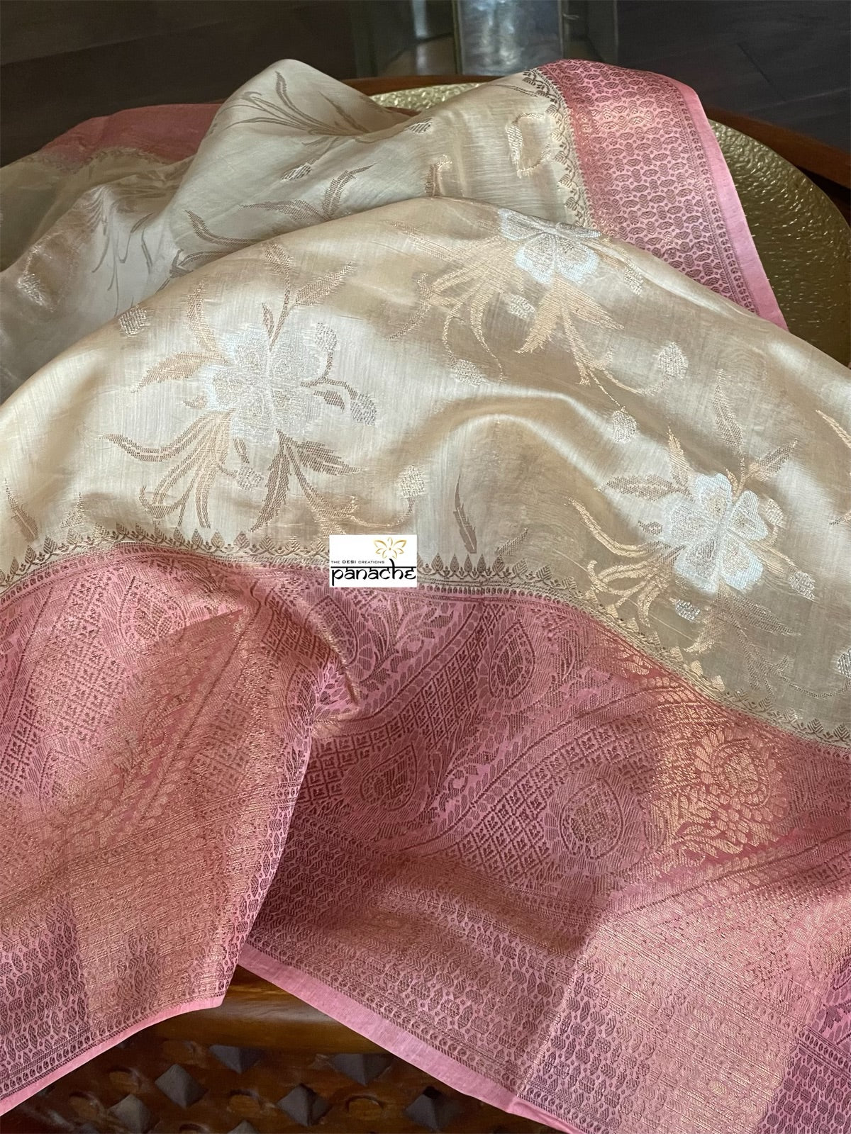 Mulmul Tissue Cotton Banarasi - Tan Beige Pink Golden Zari