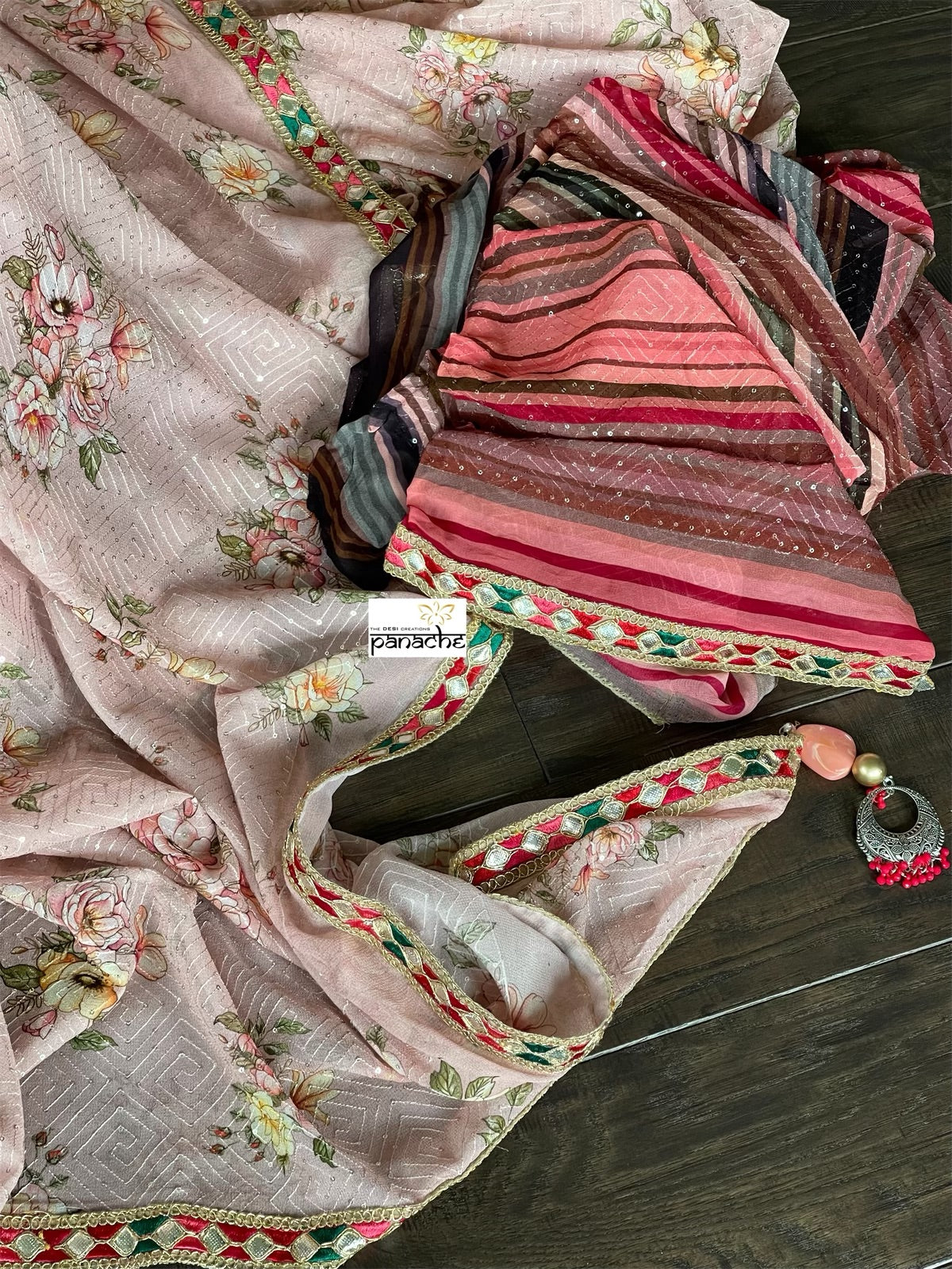 Designer Crepe Georgette Sequin Floral  - Dusty Pink