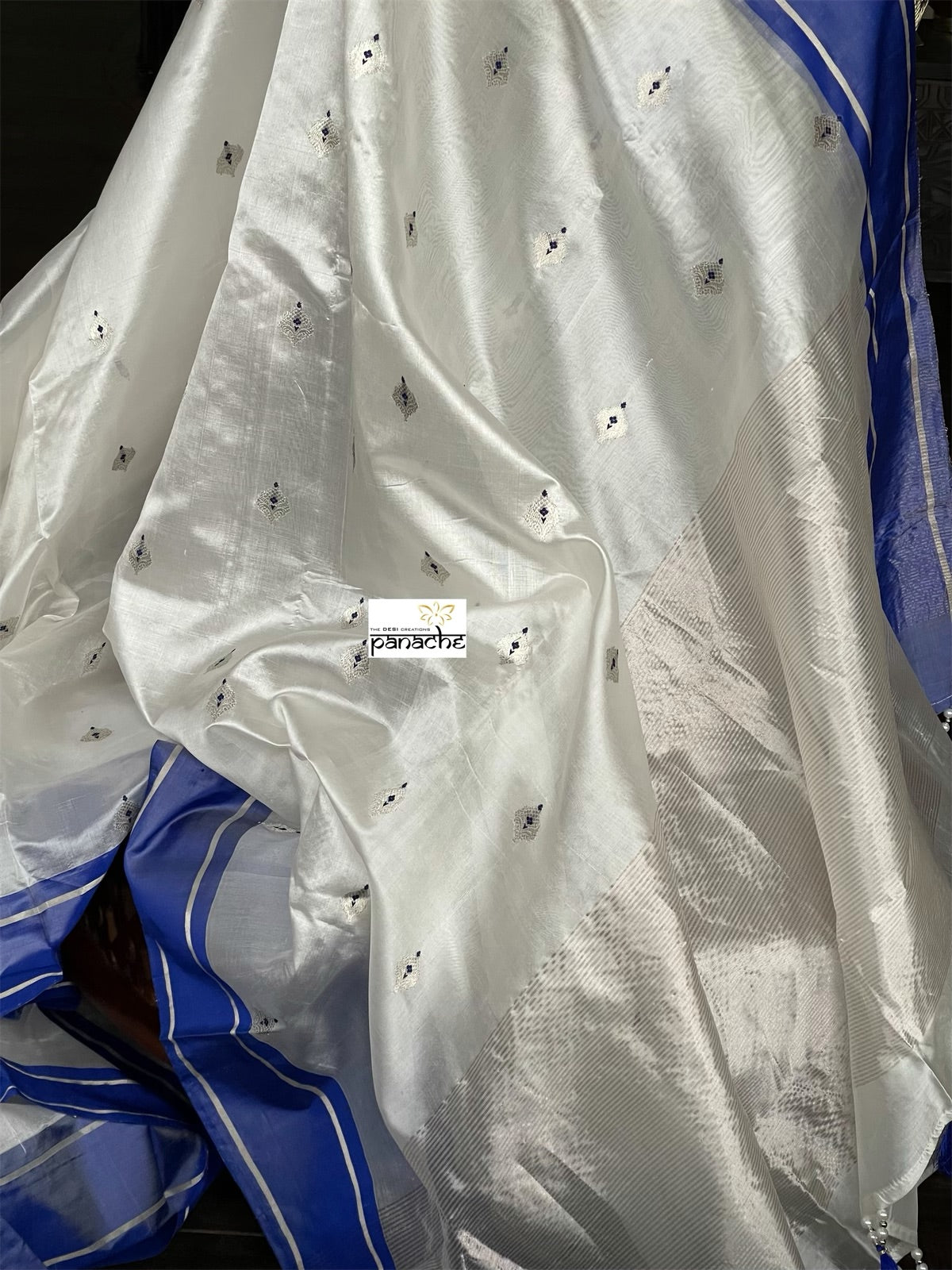 Pure Chanderi Pattu Silk - Off white Blue Eknaliya Woven Meenakari