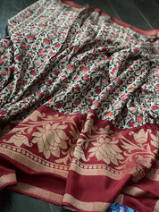 Designer Crepe Silk  - Offwhite Maroon