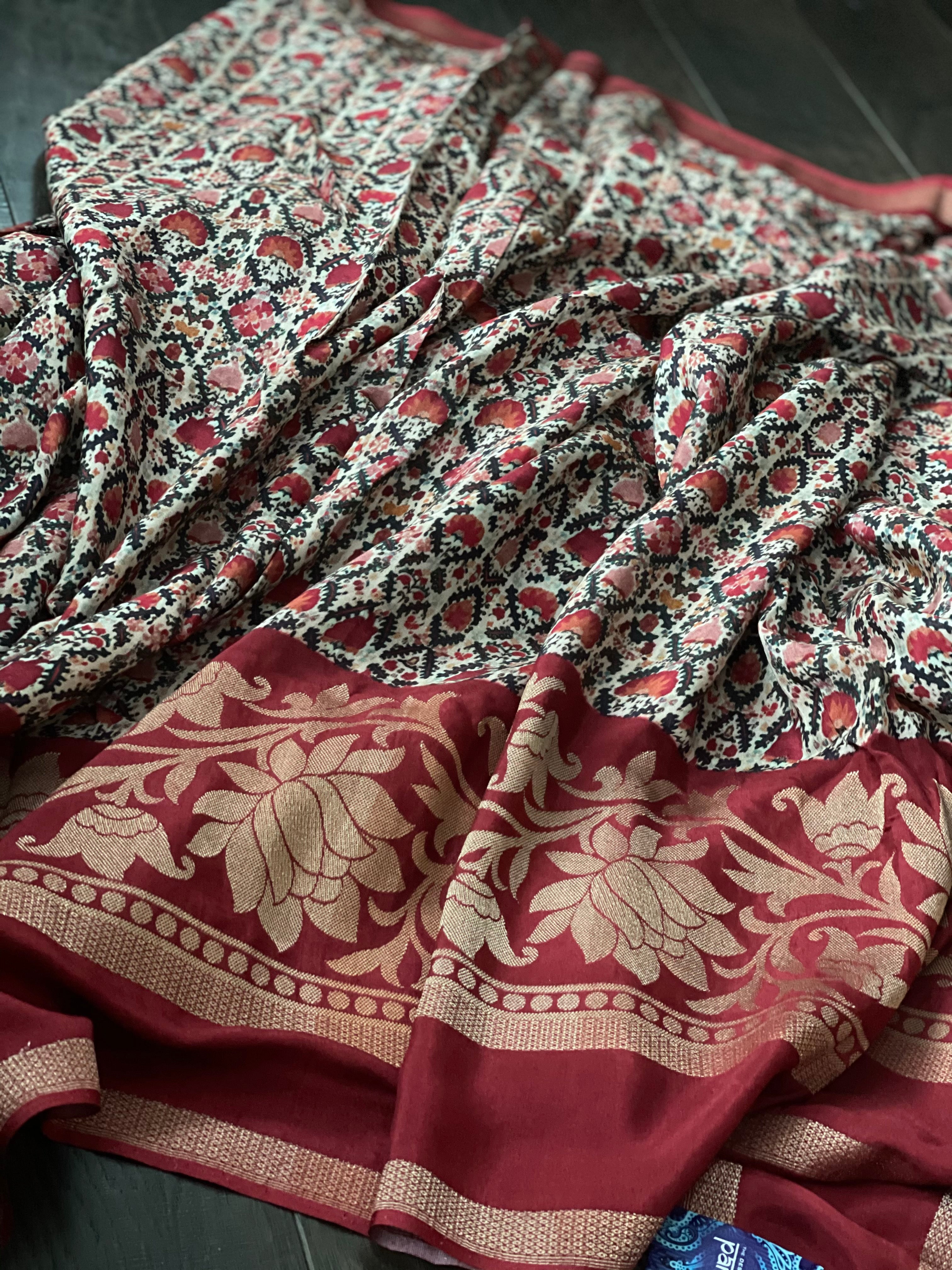 Designer Crepe Silk  - Offwhite Maroon