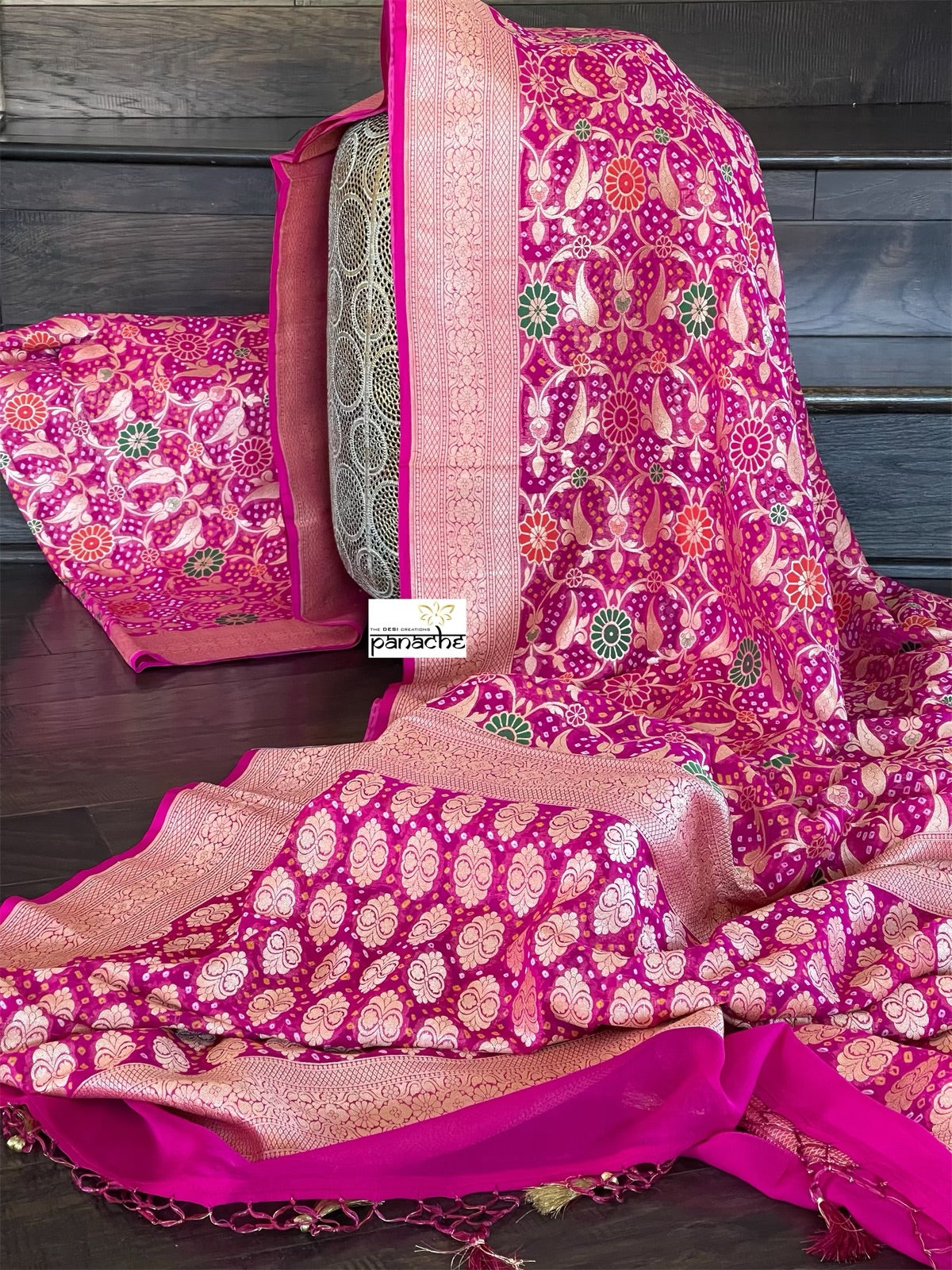 Bandhej Khaddi Georgette Banarasi - Magenta Pink
